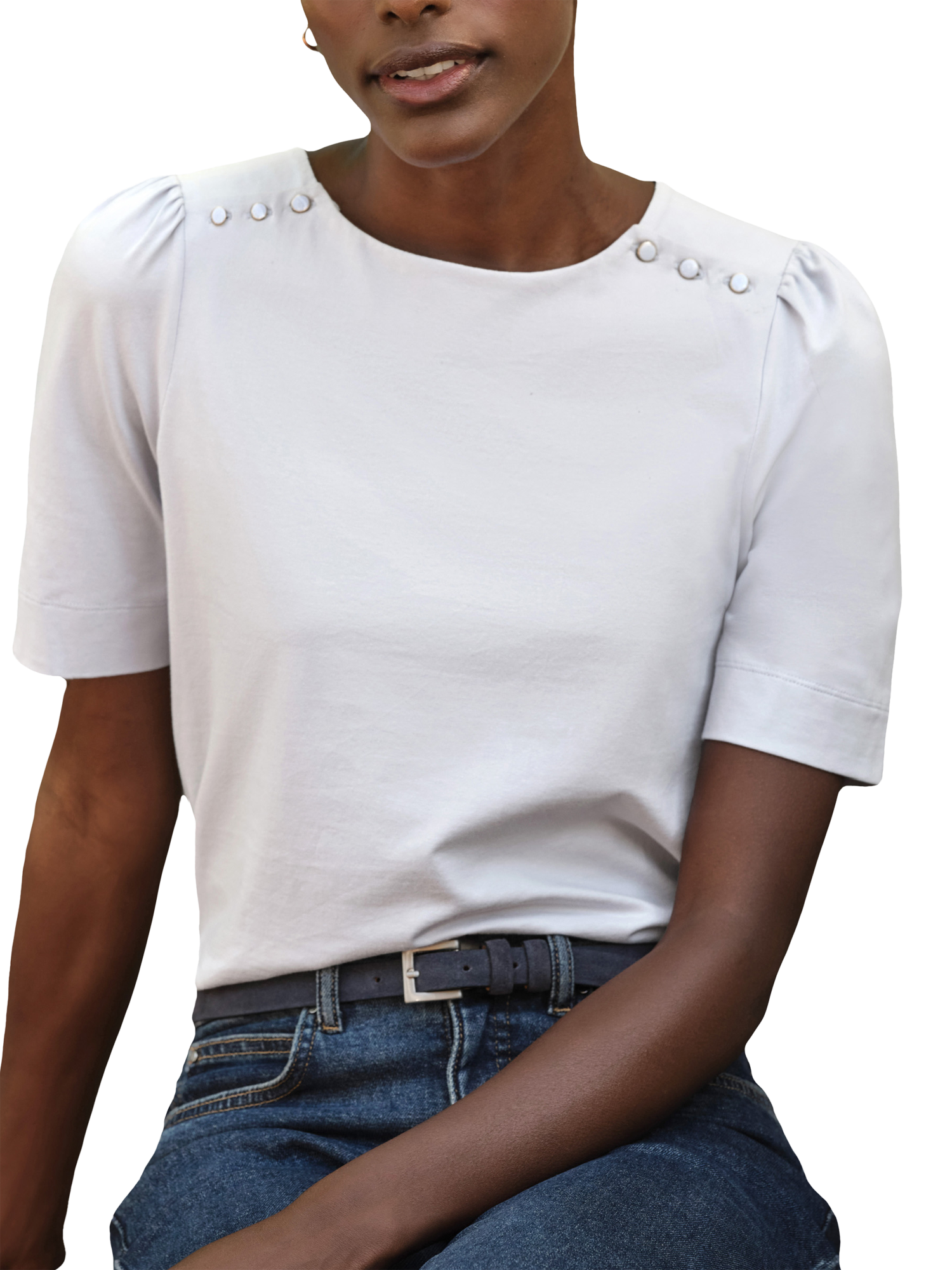 Product image 1 of 3, which shows Pure Collection Organic Cotton Button Shoulder T-Shirt, Ivory, 8
