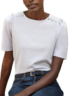 Pure Collection Organic Cotton Button Shoulder T-Shirt, Ivory, Ivory