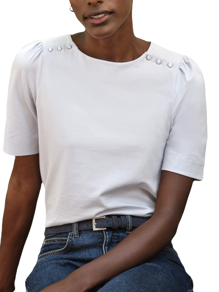 Pure Collection Organic Cotton Button Shoulder T-Shirt, Ivory, Ivory