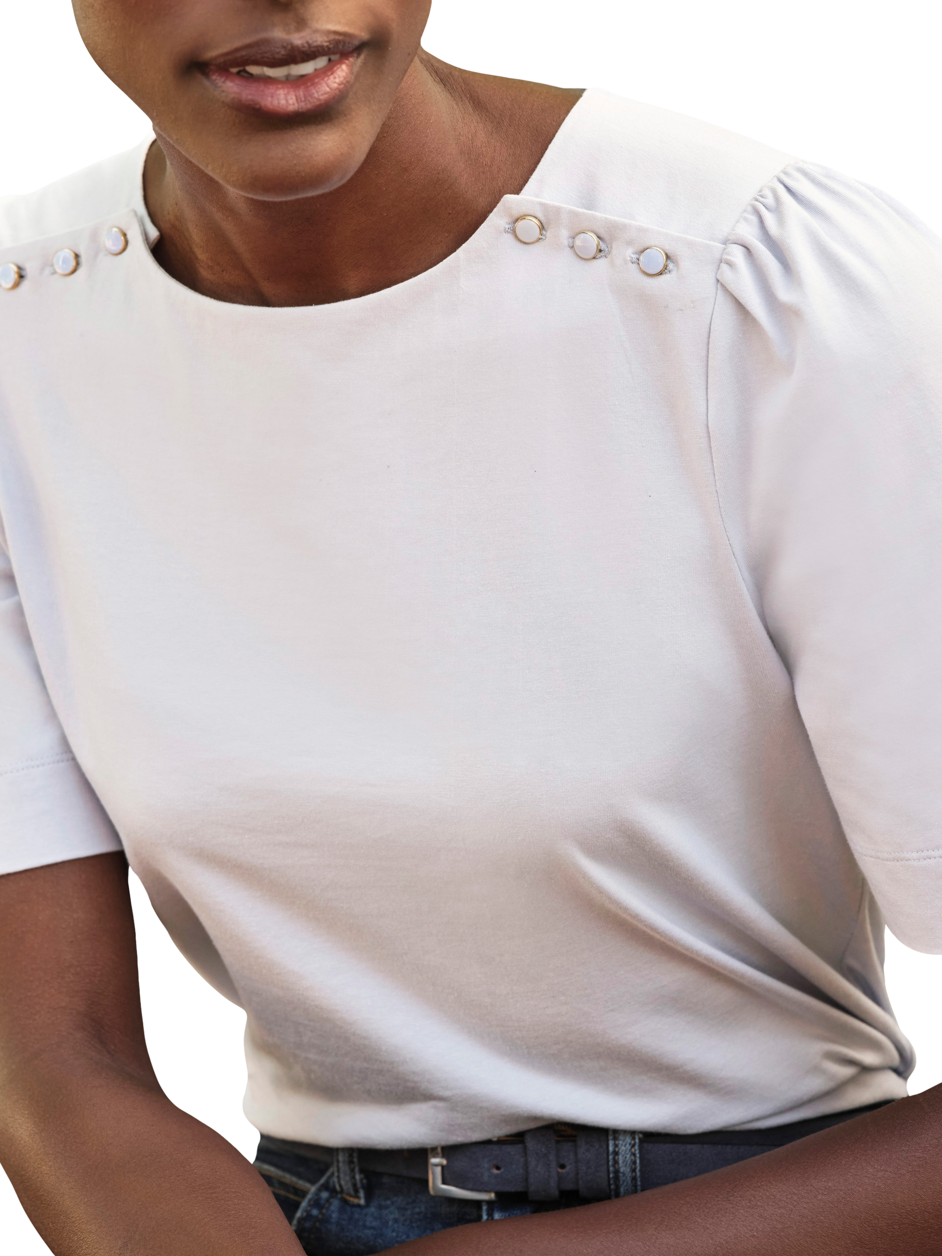 Product image 2 of 3, which shows Pure Collection Organic Cotton Button Shoulder T-Shirt, Ivory, 8