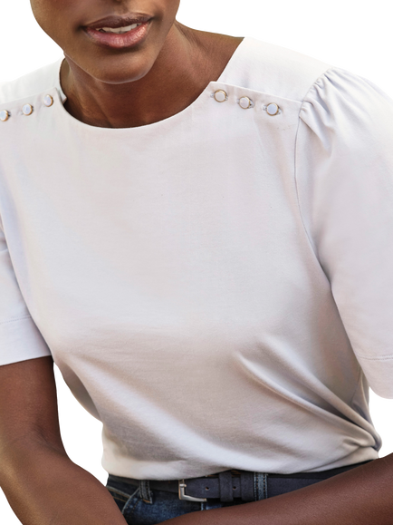 Pure Collection Organic Cotton Button Shoulder T-Shirt, Ivory - view 2, Ivory