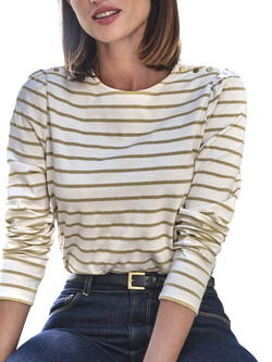 Pure Collection Button Shoulder Breton Stripe Top, Ivory/Gold, Ivory/Gold