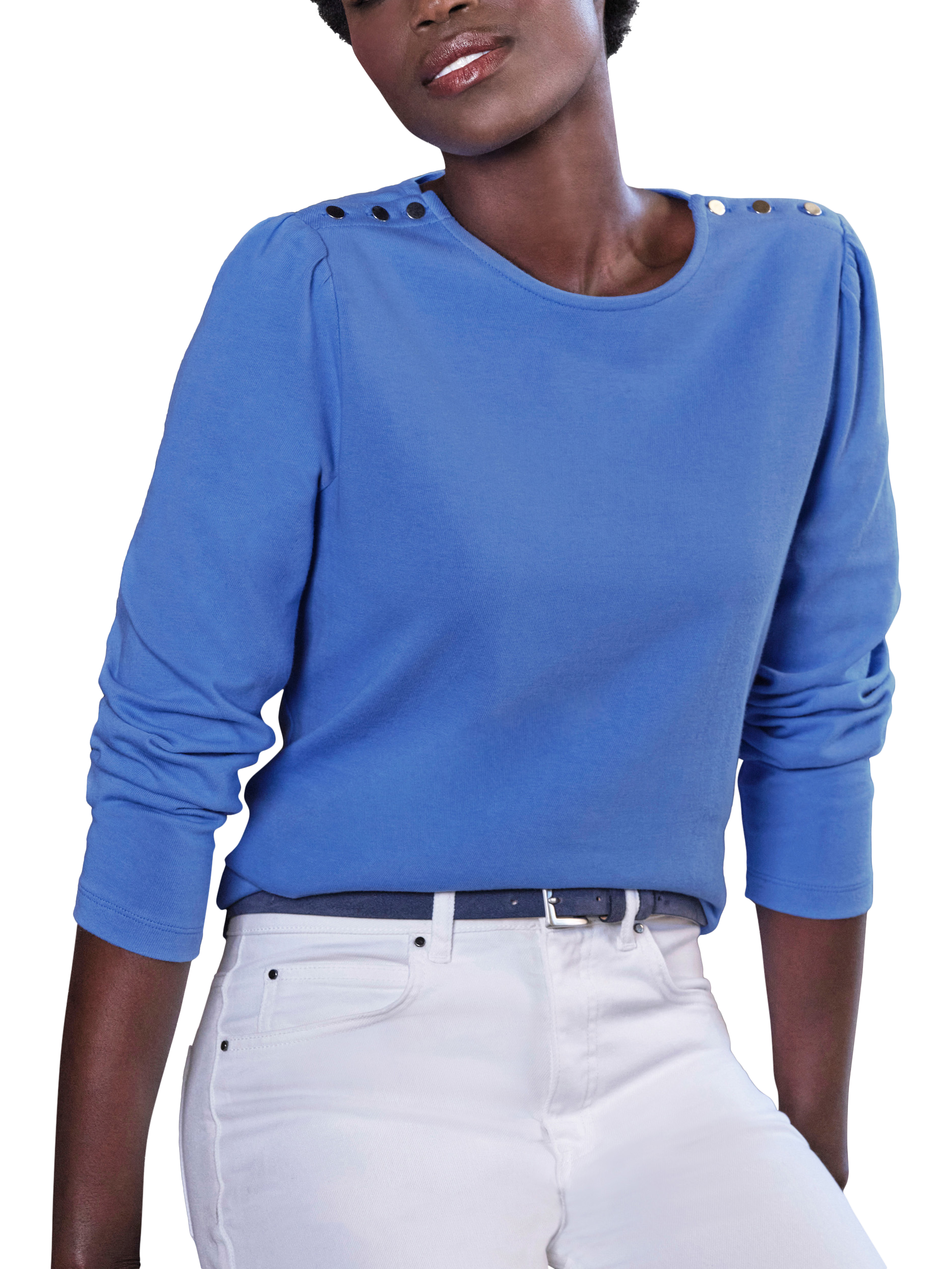 Product image 1 of 3, which shows Pure Collection Button Shoulder Jersey Top, Wedgewood Blue, 8