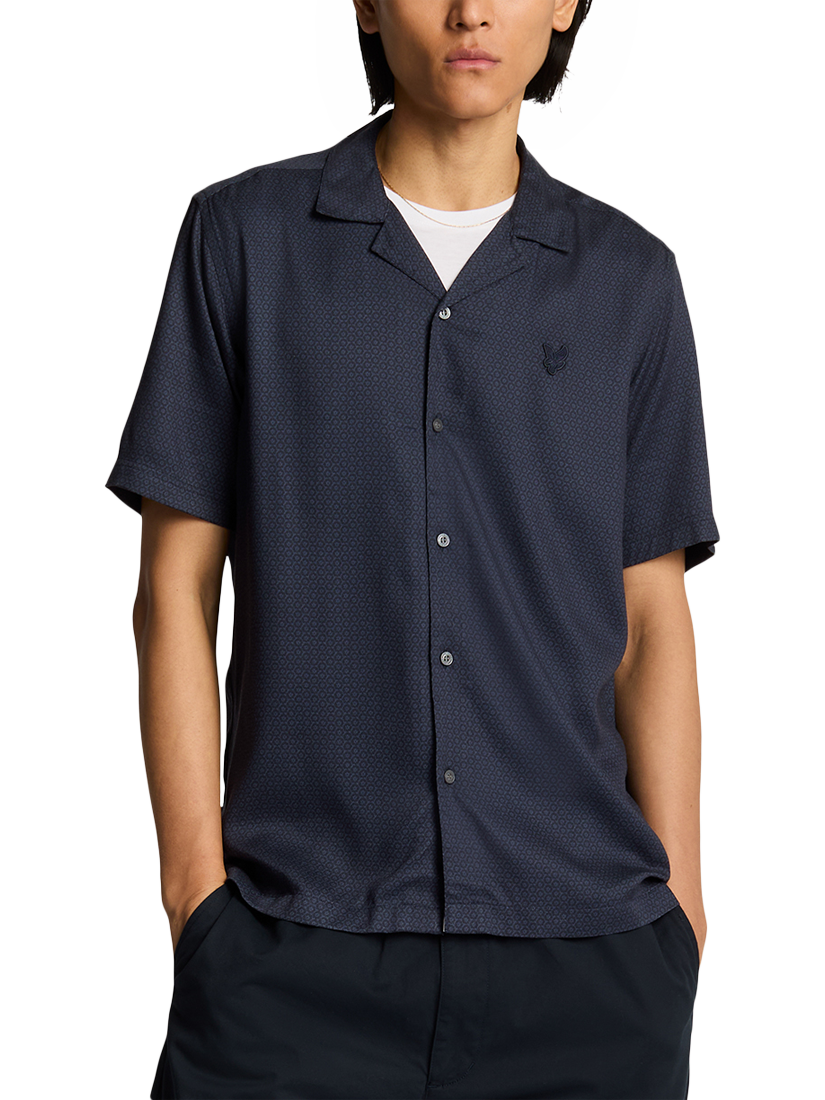 Product image 1 of 5, which shows Lyle & Scott Geometric Motif Revere Shirt, Dark Navy, XS