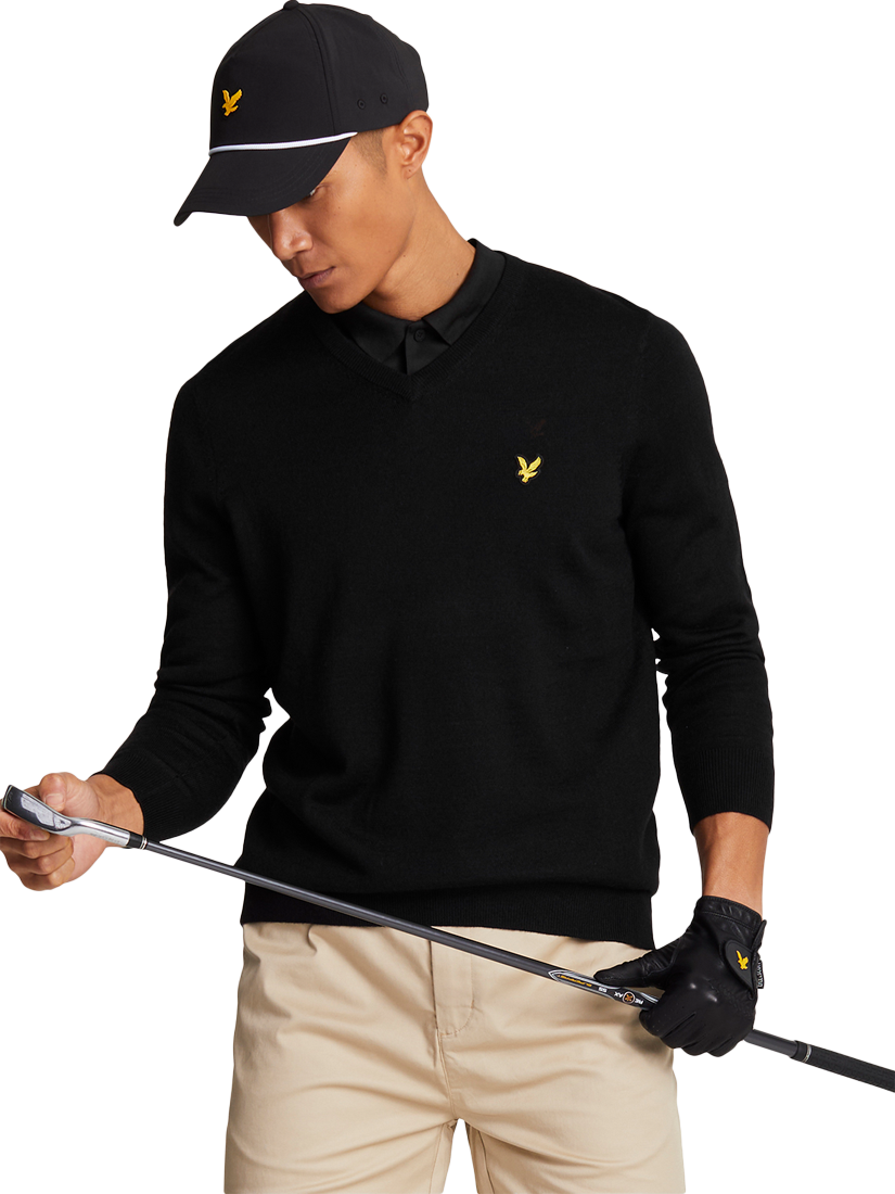 Product image 1 of 5, which shows Lyle & Scott Golf Wool Blend V-Neck Jumper, Jet Black, XS