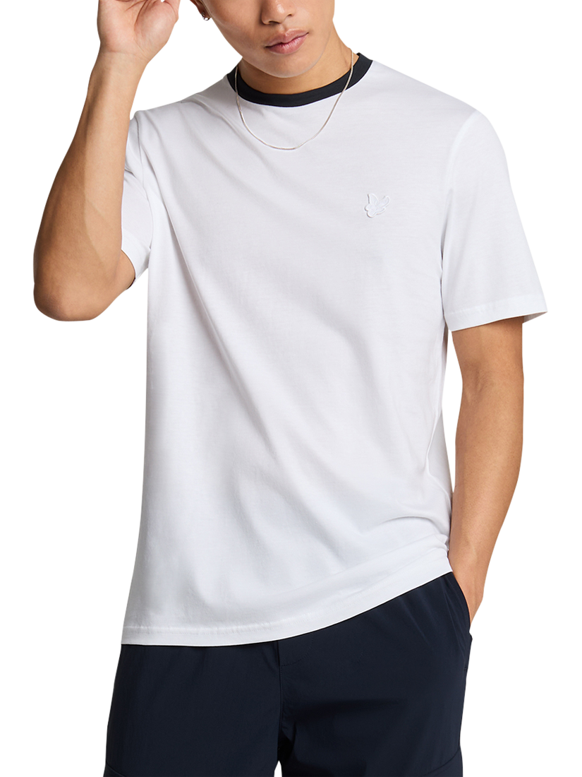 Product image 1 of 5, which shows Lyle & Scott Cotton Regular Fit Short Sleeve Contrast Collar Superfine T-Shirt, White/Dark Navy, XS