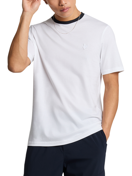 Lyle & Scott Cotton Regular Fit Short Sleeve Contrast Collar Superfine T-Shirt, White/Dark Navy