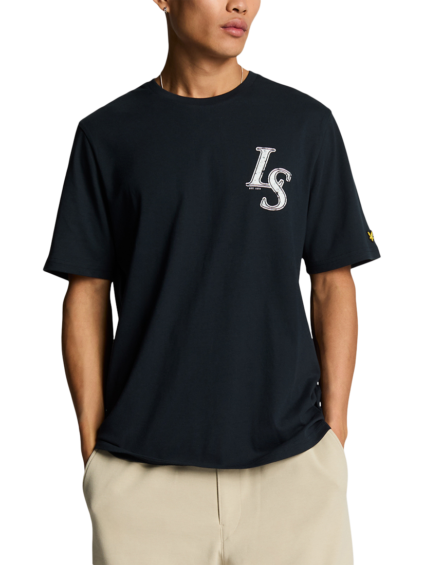 Product image 1 of 4, which shows Lyle & Scott Cotton Regular Fit Short Sleeve Graphic Emblem T-Shirt, Dark Navy, XS