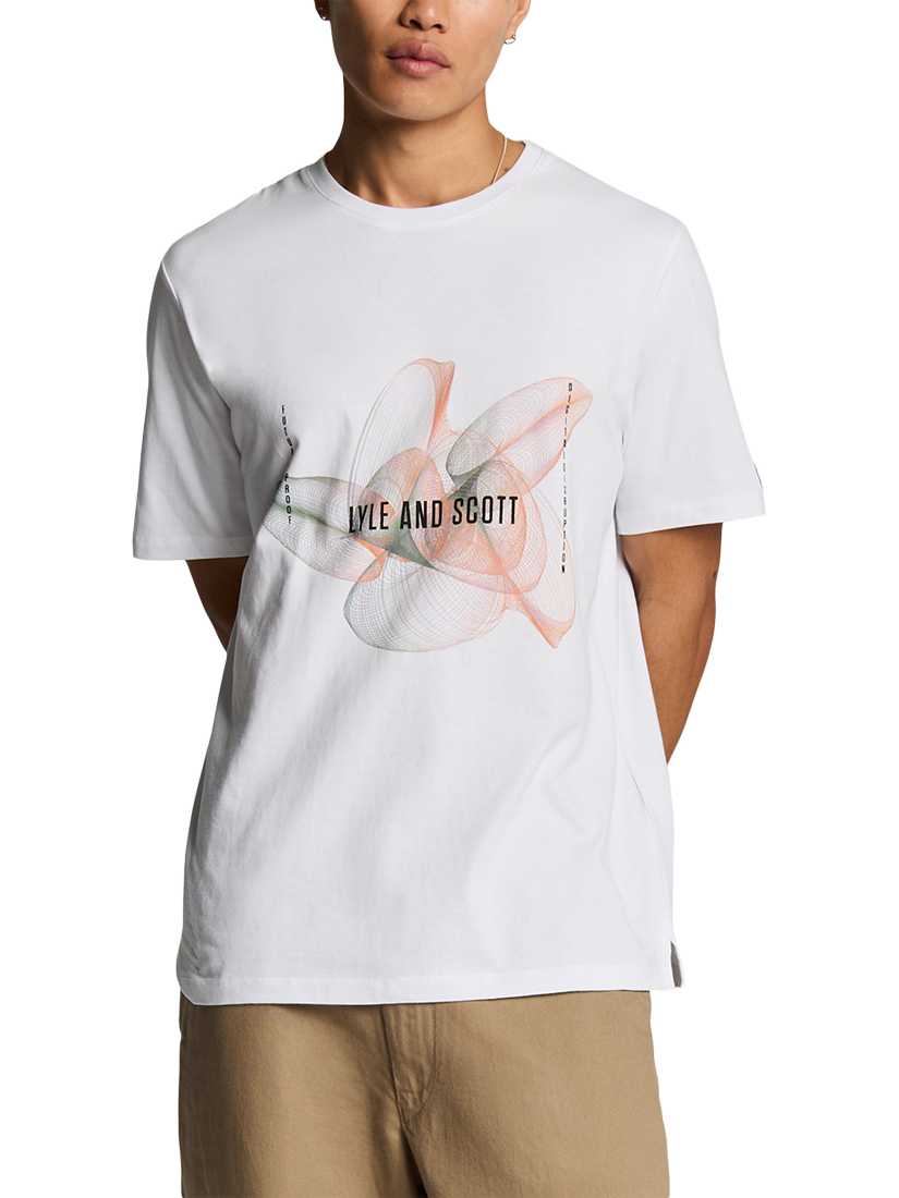 Product image 1 of 4, which shows Lyle & Scott Cotton Regular Fit Short Sleeve 3D Line Graphic T-Shirt, White/Orange, XS