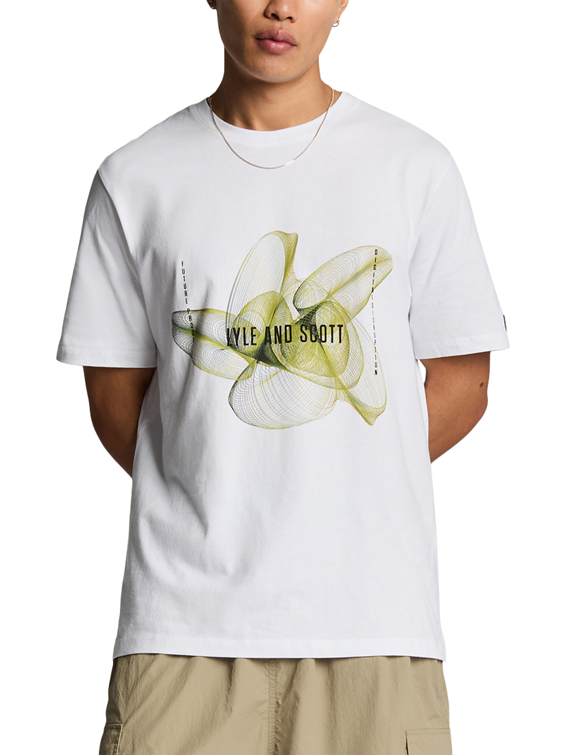 Product image 1 of 5, which shows Lyle & Scott Cotton Regular Fit Short Sleeve 3D Line Graphic T-Shirt, White/Smoke Green, M