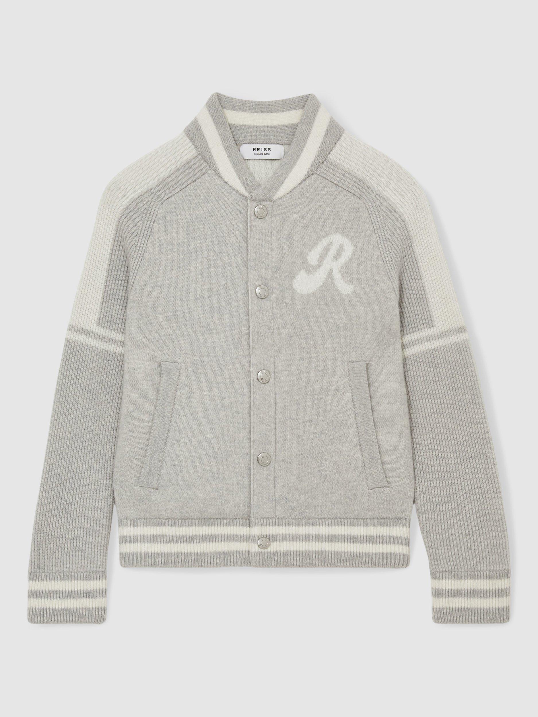 Reiss Kids' Yates Knitted Varsity Jacket, Grey/White