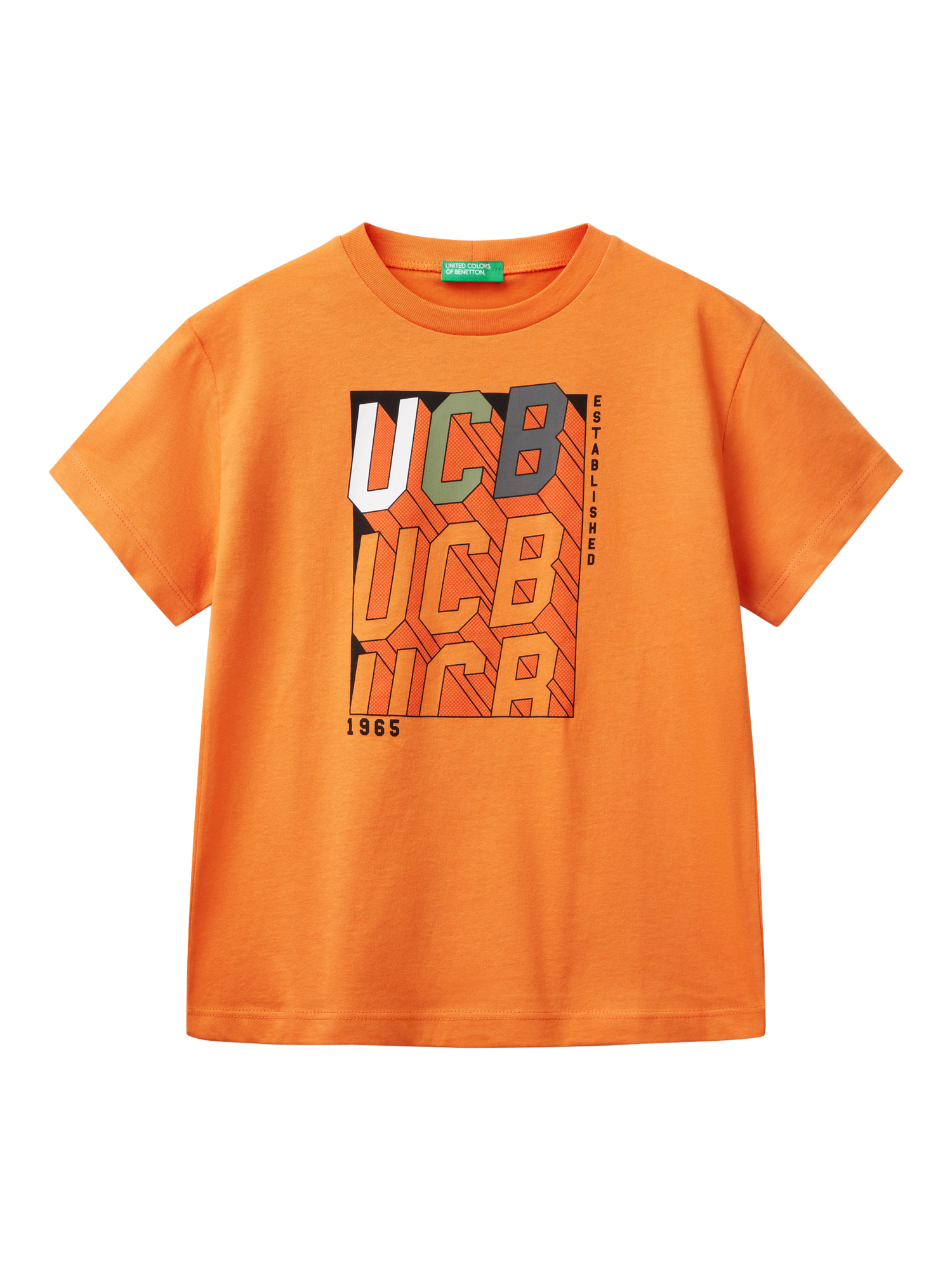 Benetton Kids' Cotton Logo Short Sleeve T-Shirt, Ochre