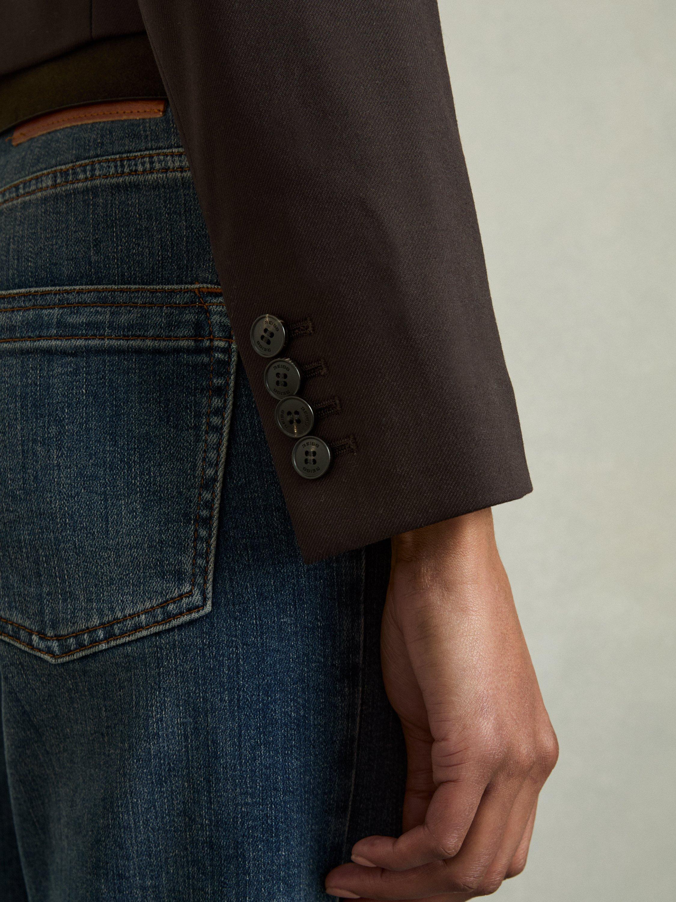 Product image 2 of 5, which shows Reiss Orianna Cropped Wool Rich Blazer, Chocolate Brown, 8