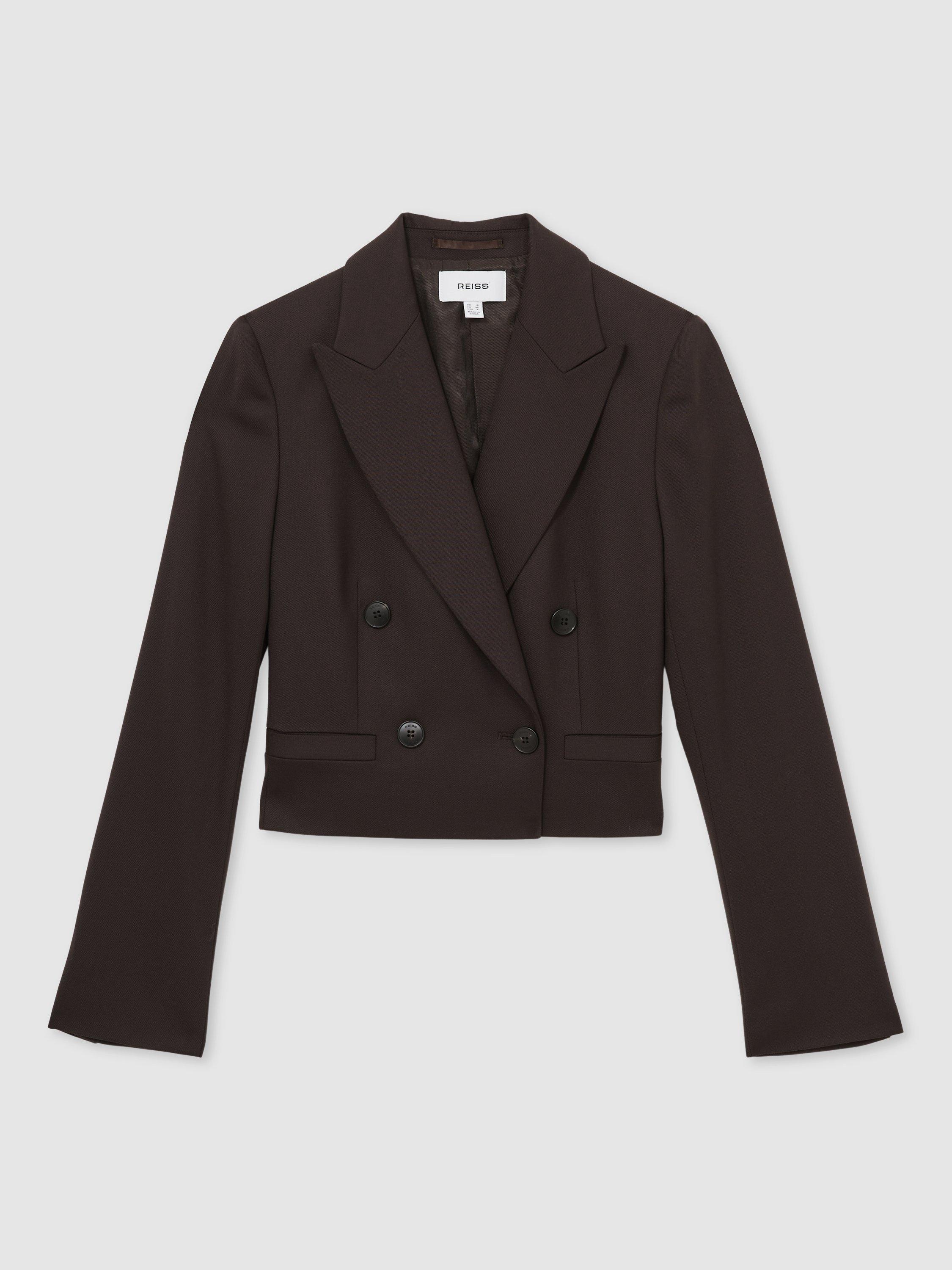 Product image 3 of 5, which shows Reiss Orianna Cropped Wool Rich Blazer, Chocolate Brown, 8