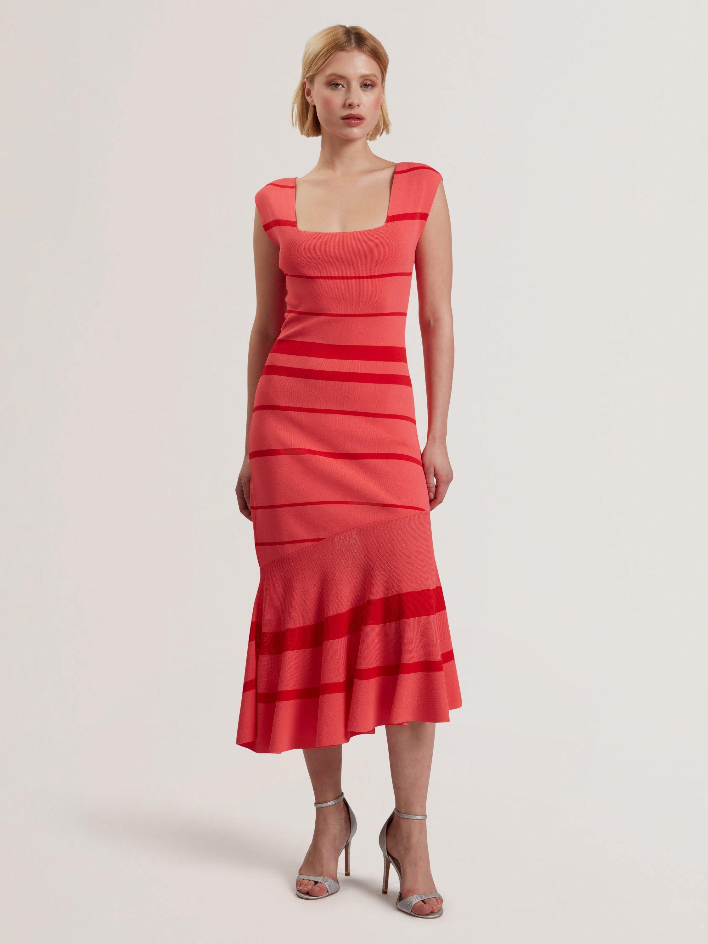 Product image 1 of 5, which shows Ted Baker Tilleea Square Neck Stripe Knit Midi Dress, Orange/Red, 6