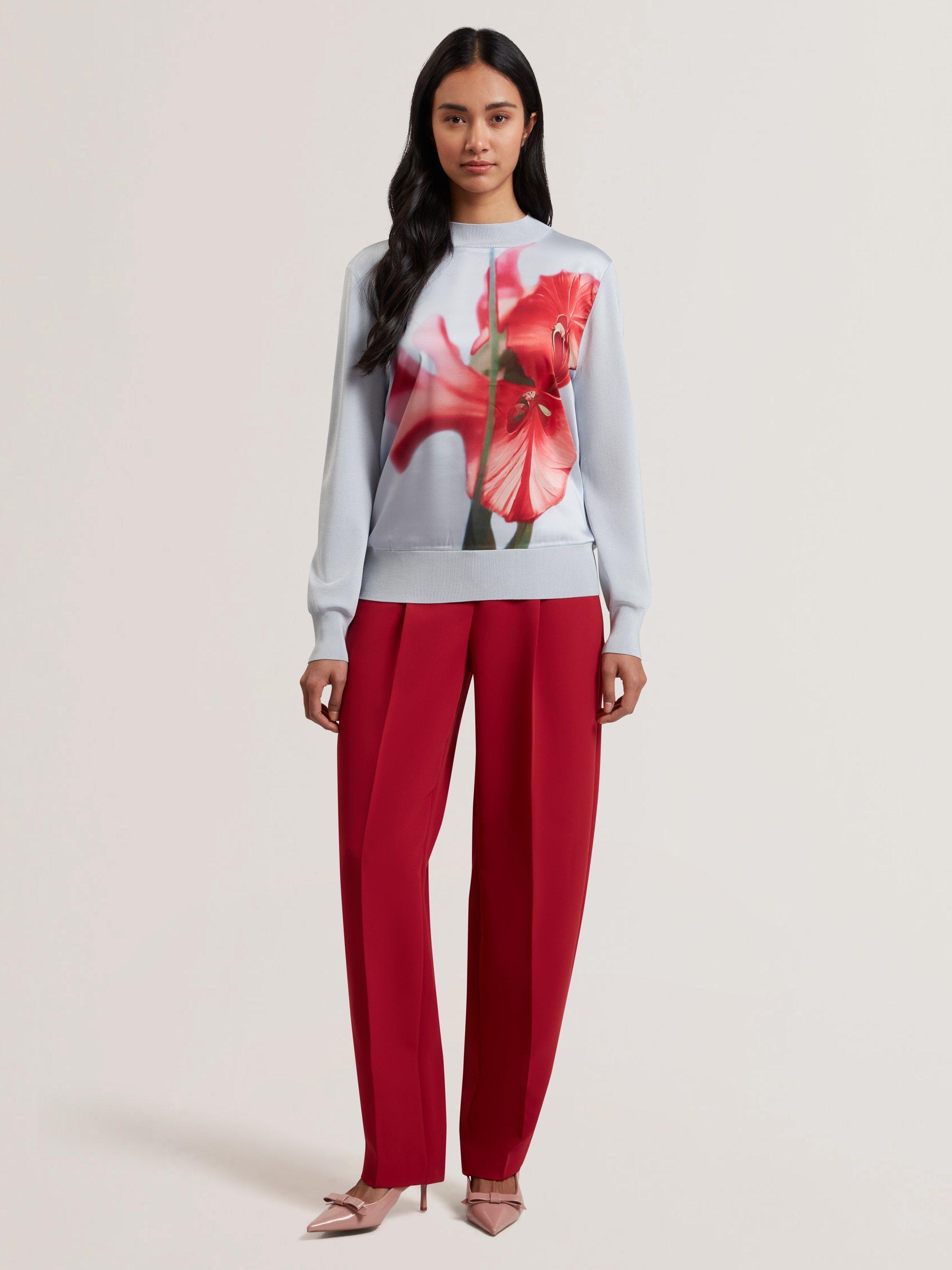 Product image 4 of 6, which shows Ted Baker Eloaa Satin Woven Floral Knit Top, Pale Blue/Red, 6