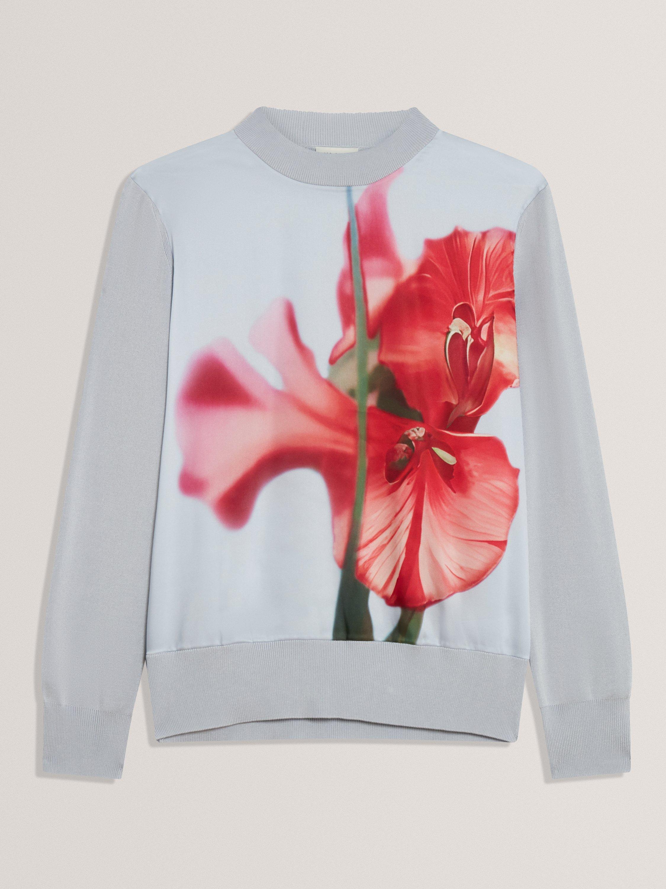 Product image 6 of 6, which shows Ted Baker Eloaa Satin Woven Floral Knit Top, Pale Blue/Red, 6