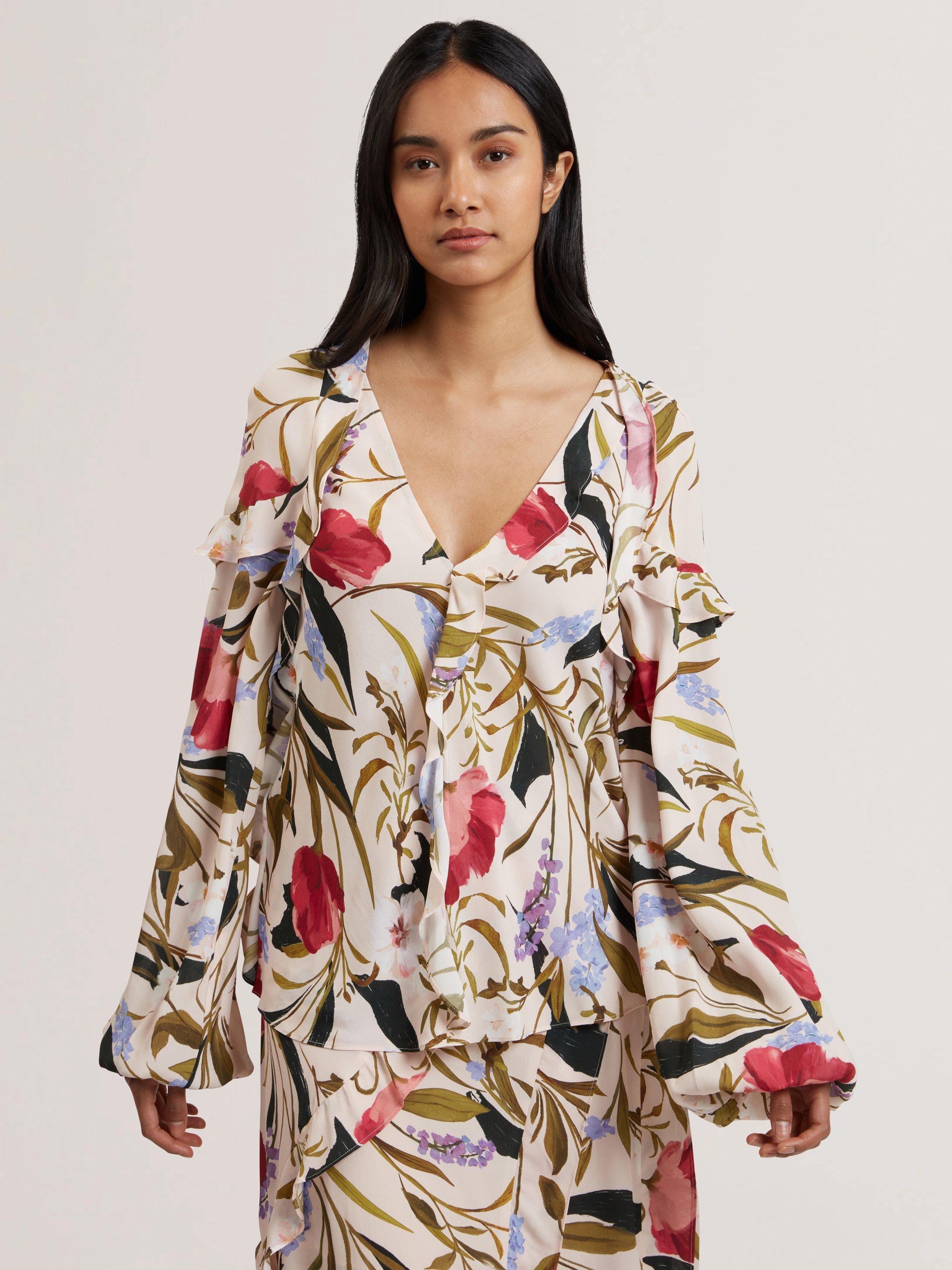 Product image 1 of 6, which shows Ted Baker Minasa Floral Frill Detail Top, Multi, 6