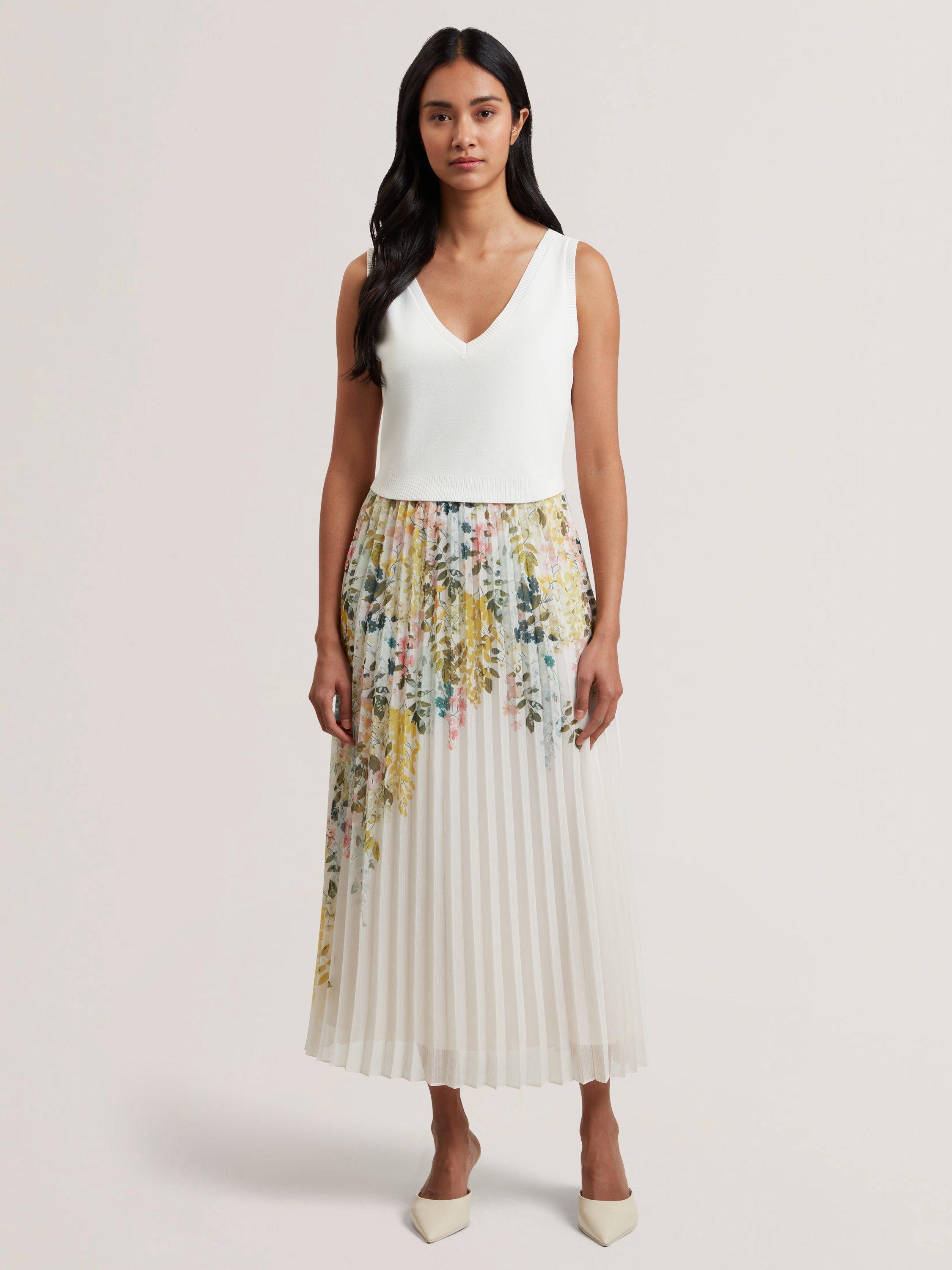 Product image 1 of 6, which shows Ted Baker Knit Top Pleated Skirt Dress, White/Multi, 12