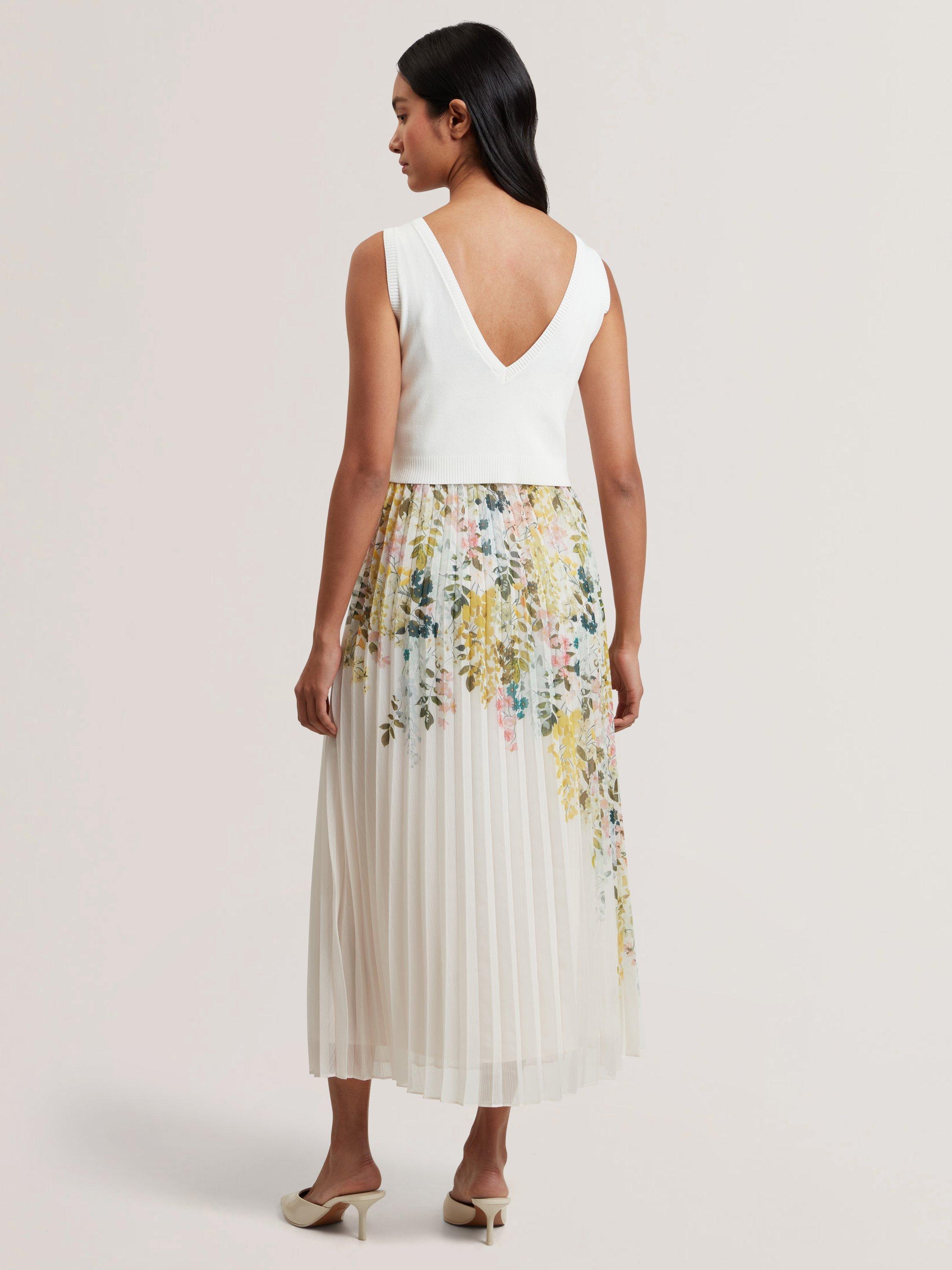 Product image 2 of 6, which shows Ted Baker Knit Top Pleated Skirt Dress, White/Multi, 12