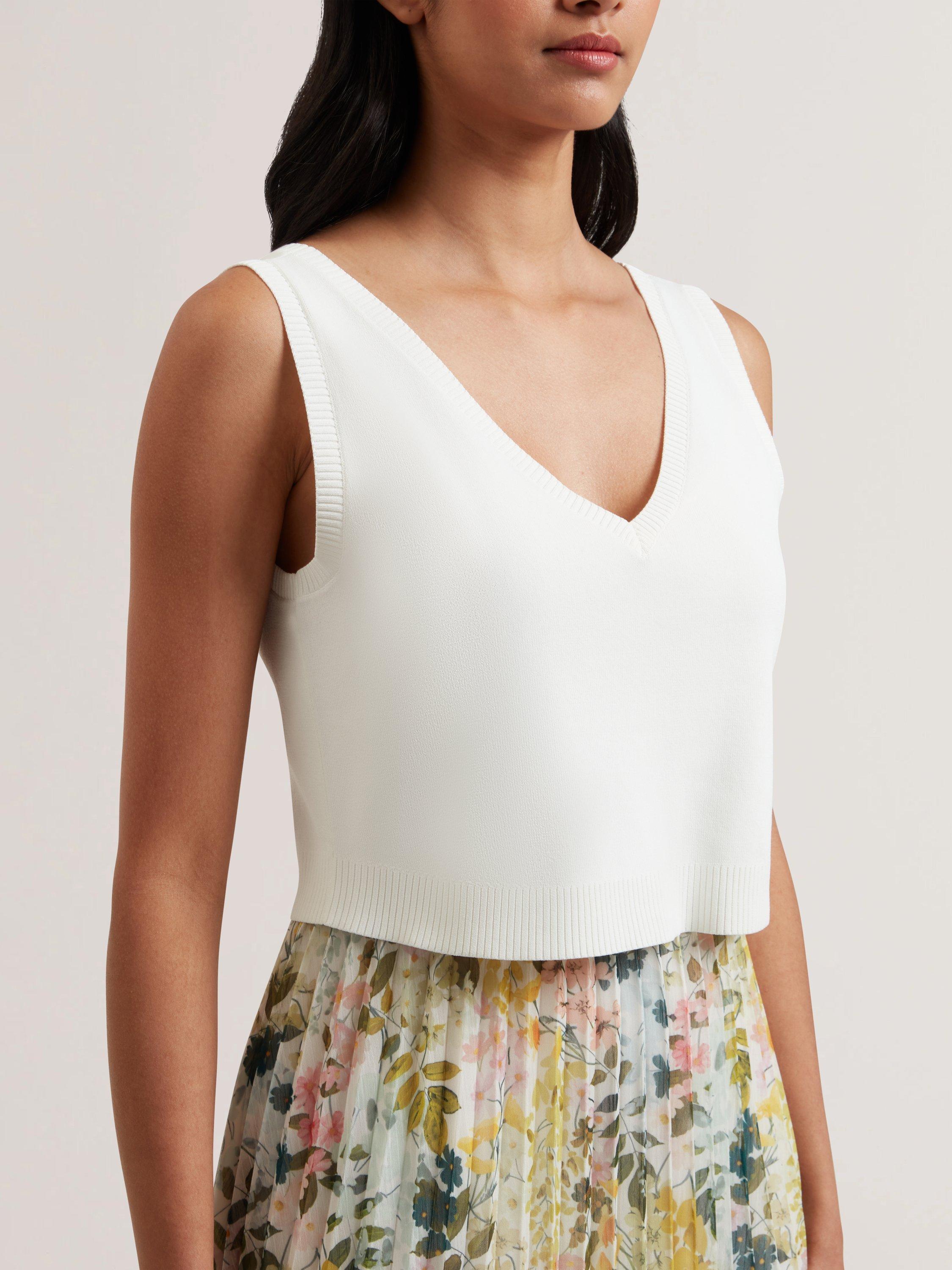 Product image 4 of 6, which shows Ted Baker Knit Top Pleated Skirt Dress, White/Multi, 12