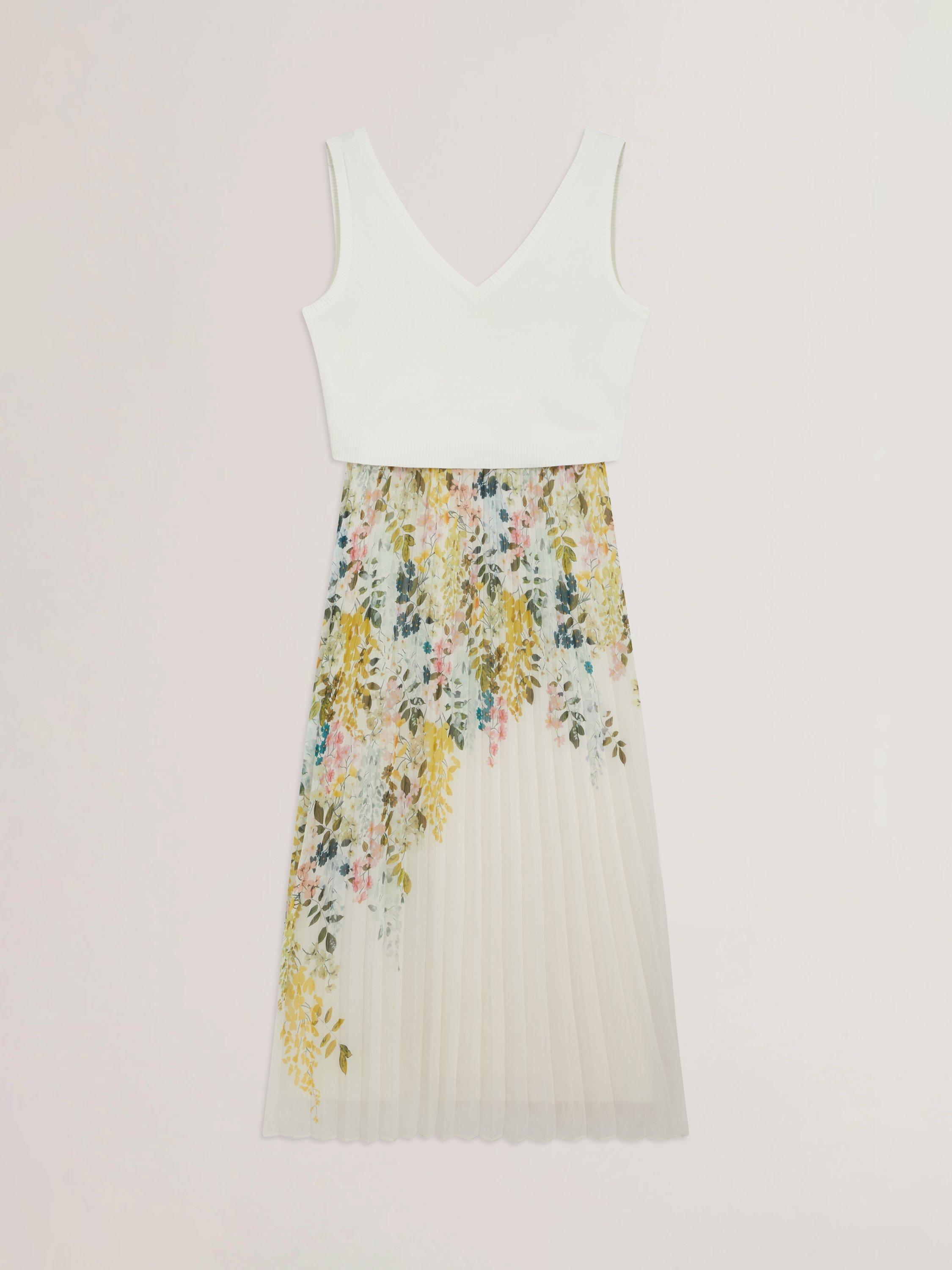 Product image 6 of 6, which shows Ted Baker Knit Top Pleated Skirt Dress, White/Multi, 12