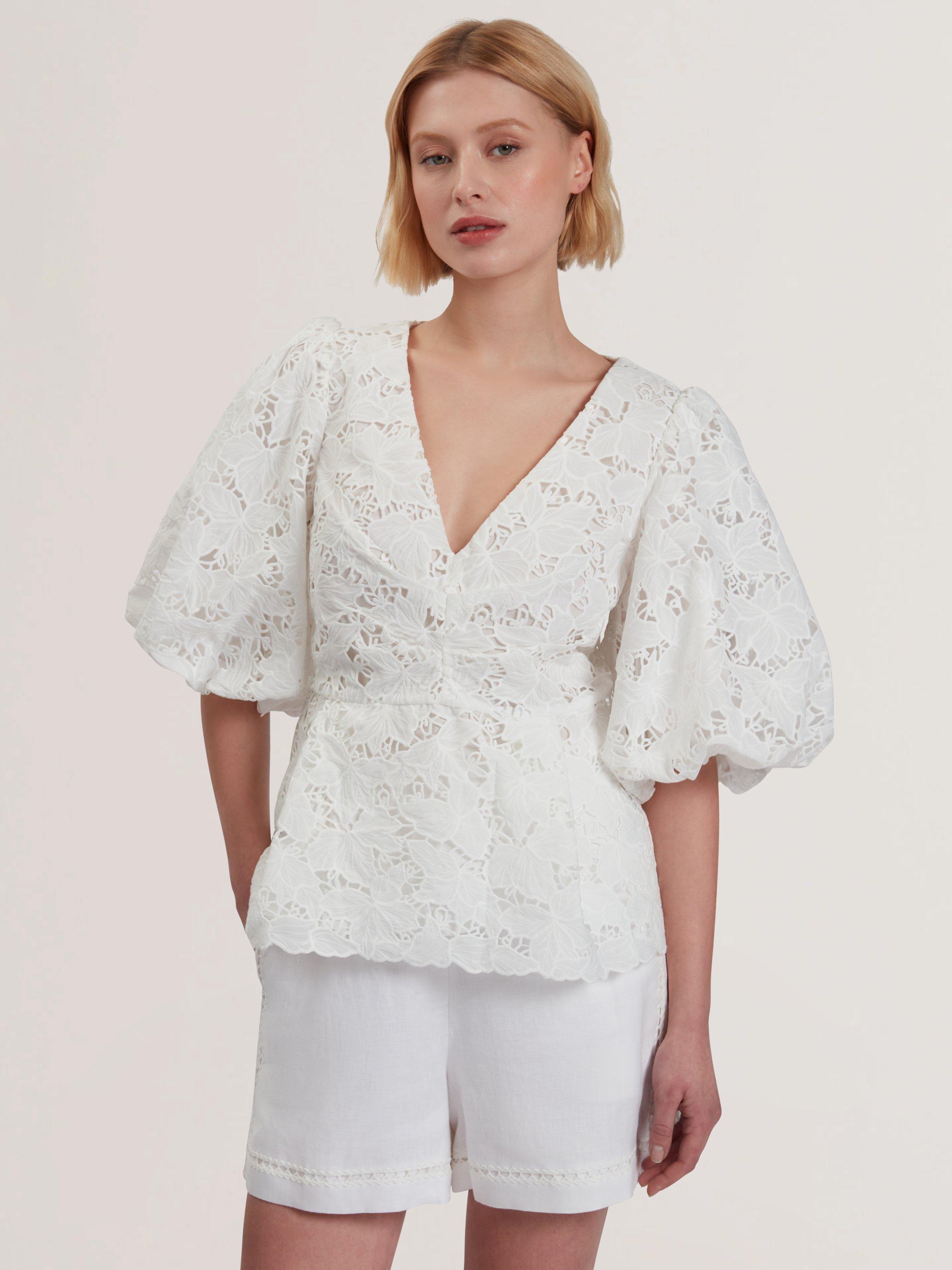 Product image 1 of 6, which shows Ted Baker Ellari Lace Puff Sleeve Peplum Blouse, White, 6