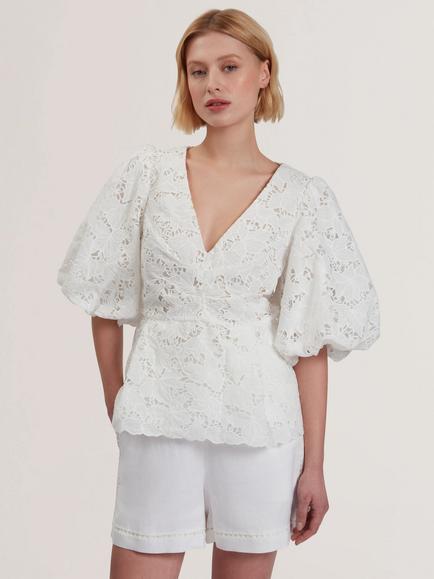 Ted Baker Ellari Lace Puff Sleeve Peplum Blouse, White, White