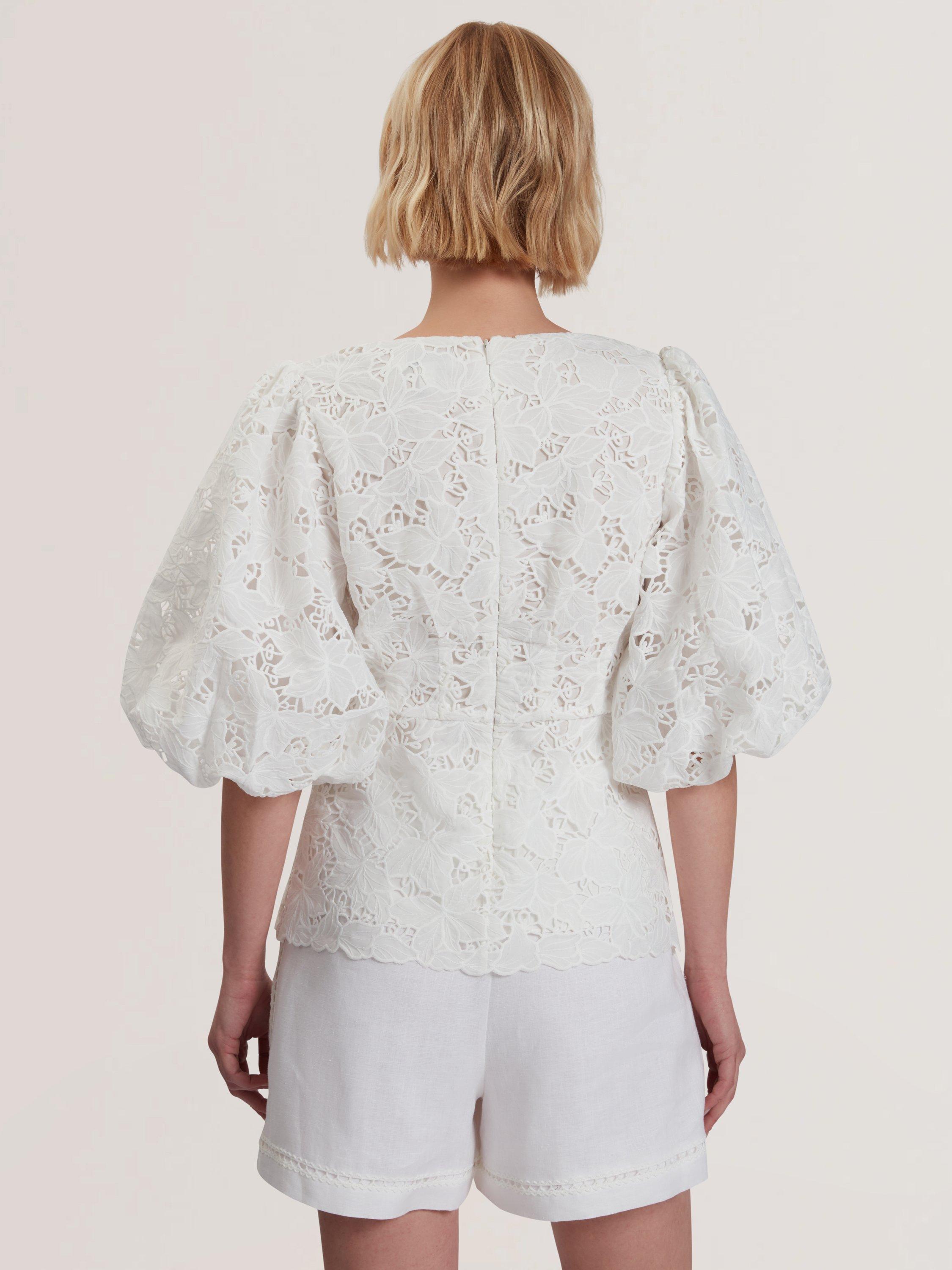 Product image 2 of 6, which shows Ted Baker Ellari Lace Puff Sleeve Peplum Blouse, White, 6