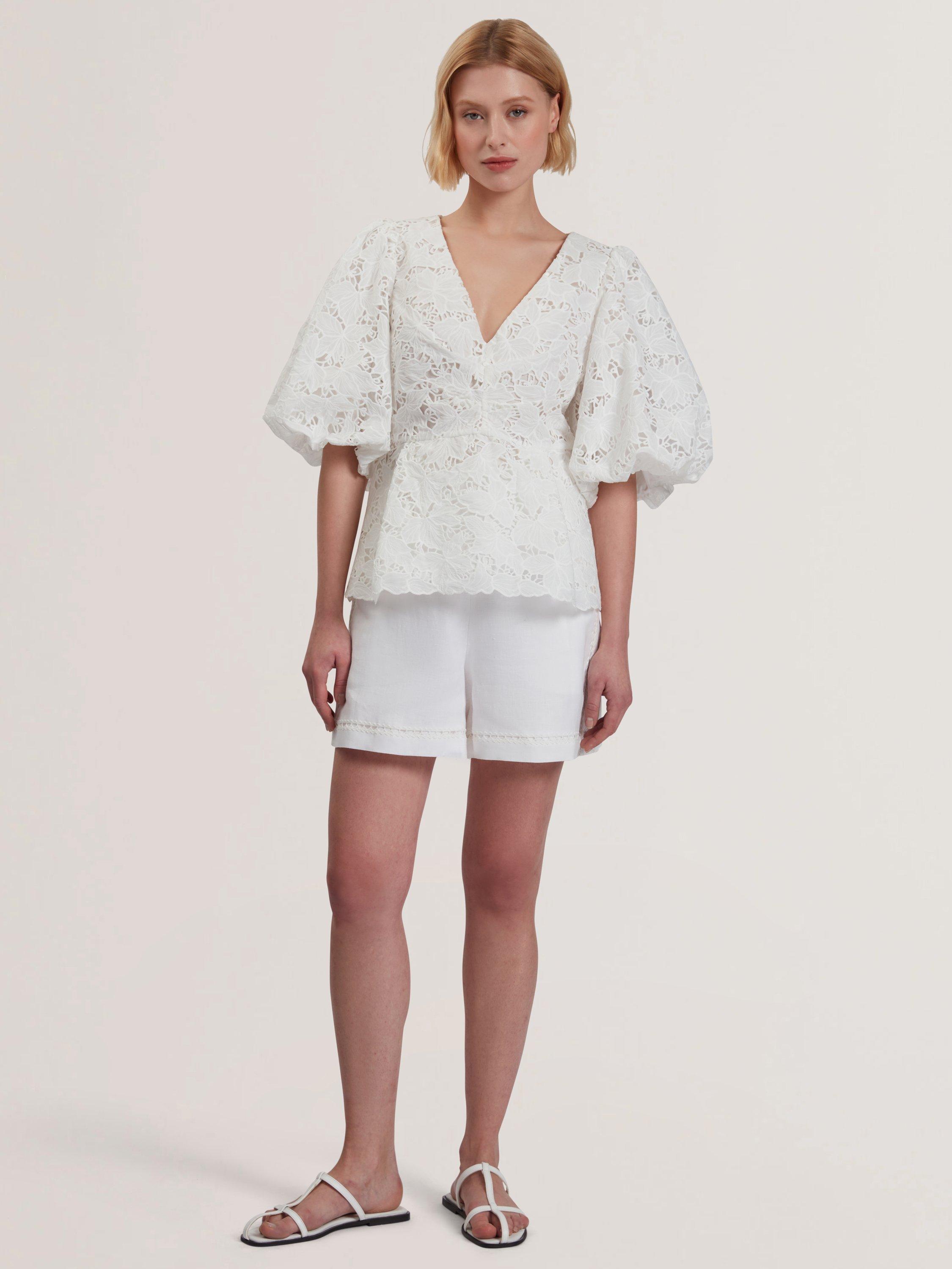 Product image 4 of 6, which shows Ted Baker Ellari Lace Puff Sleeve Peplum Blouse, White, 6