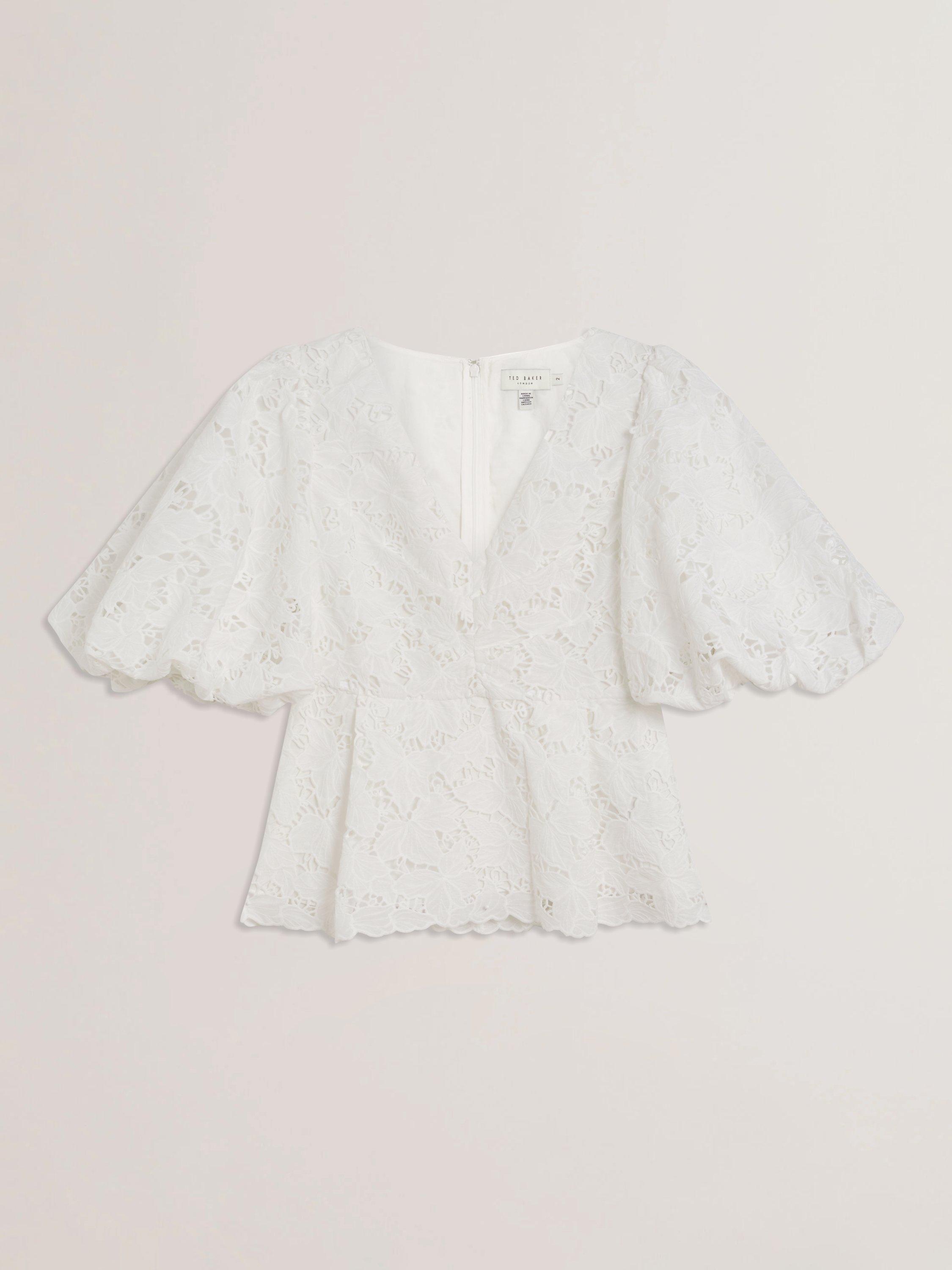 Product image 6 of 6, which shows Ted Baker Ellari Lace Puff Sleeve Peplum Blouse, White, 6