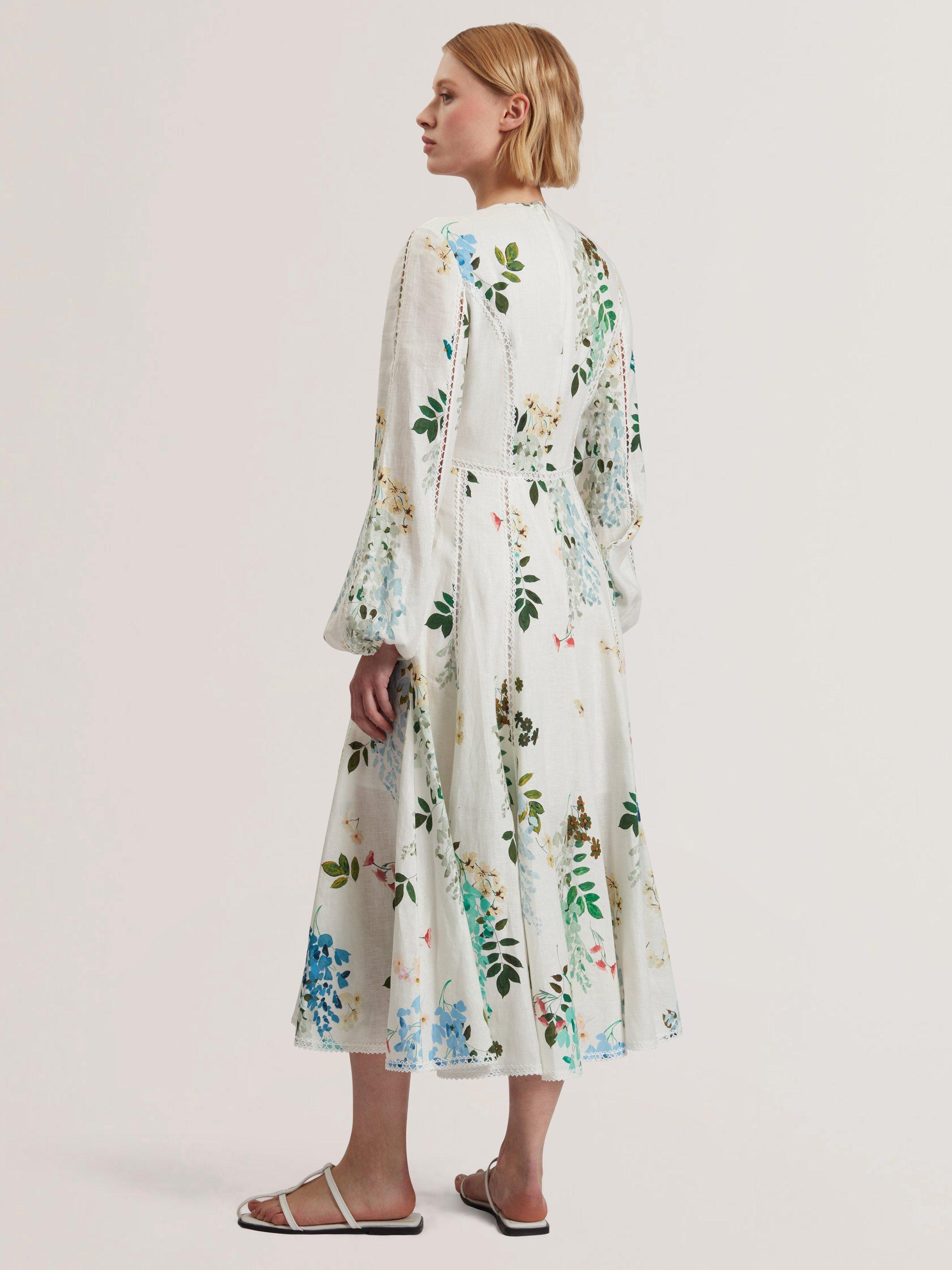 Product image 2 of 5, which shows Ted Baker Utala Floral Print Trim Detail Linen Midi Dress, White/Multi, 6