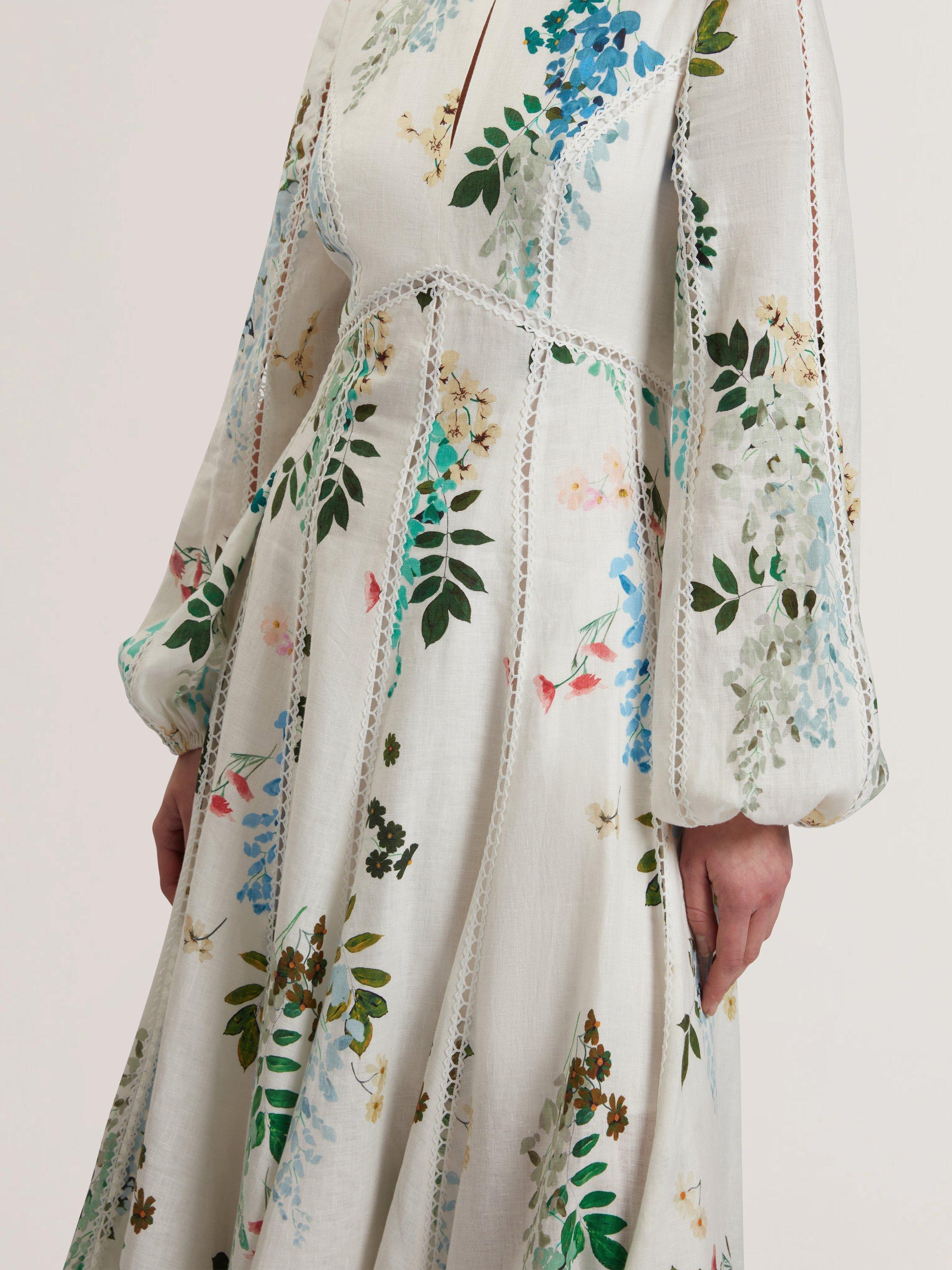 Product image 3 of 5, which shows Ted Baker Utala Floral Print Trim Detail Linen Midi Dress, White/Multi, 6