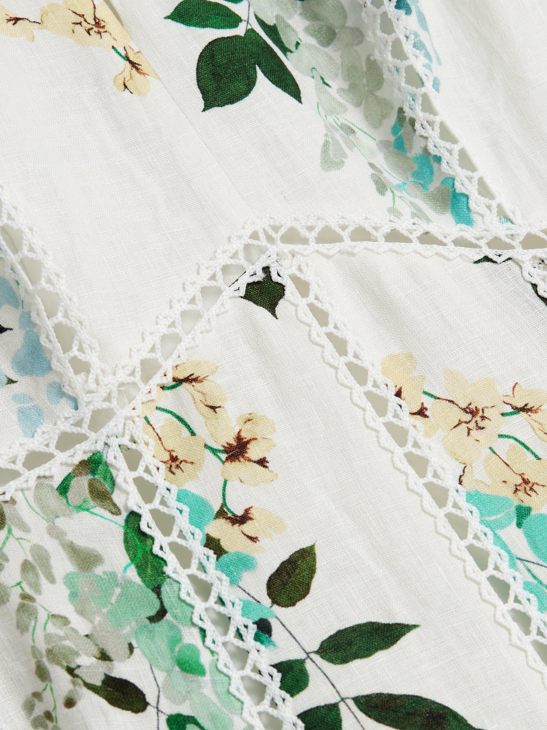 Product image 4 of 5, which shows Ted Baker Utala Floral Print Trim Detail Linen Midi Dress, White/Multi, 6
