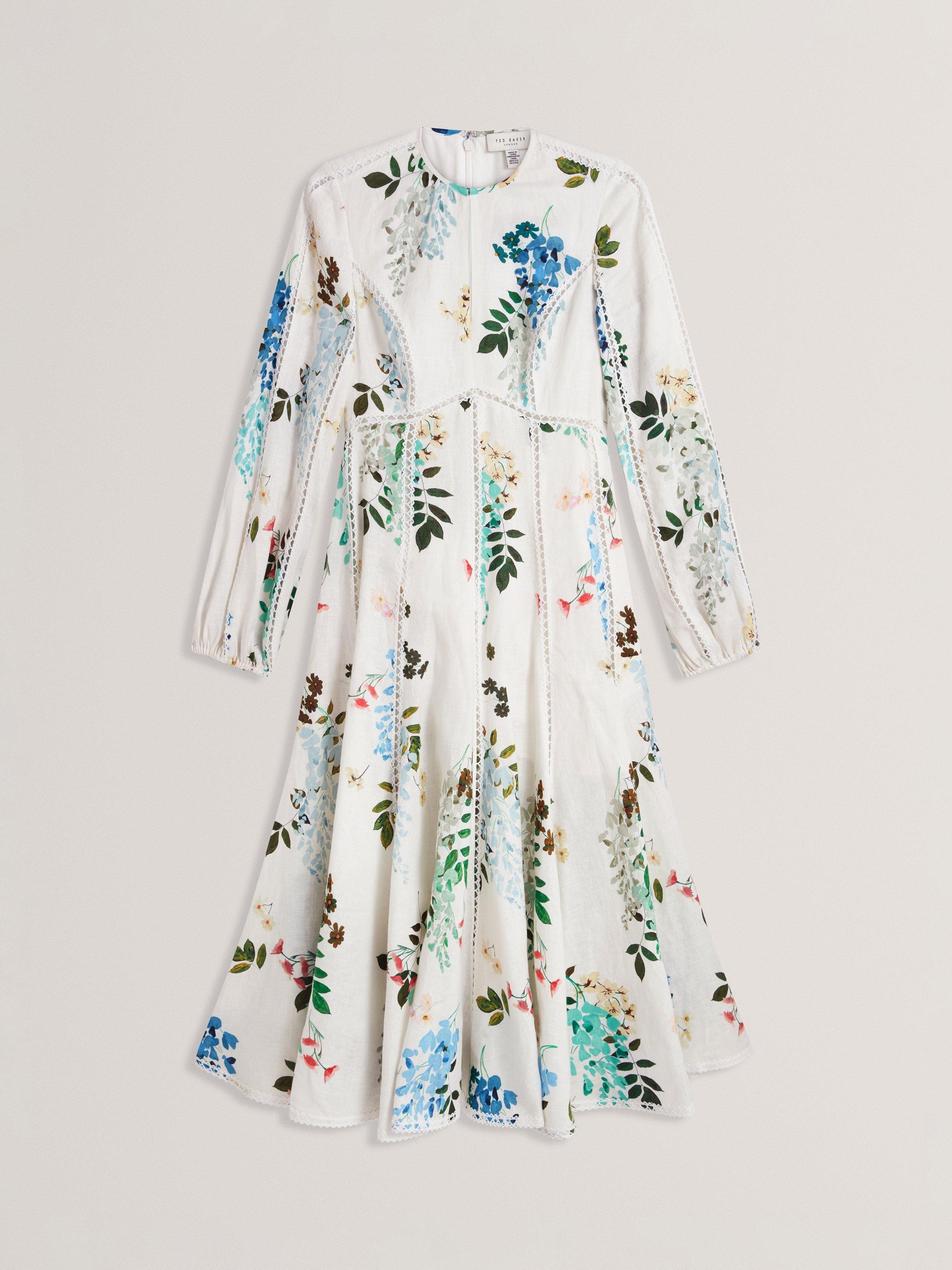 Product image 5 of 5, which shows Ted Baker Utala Floral Print Trim Detail Linen Midi Dress, White/Multi, 6