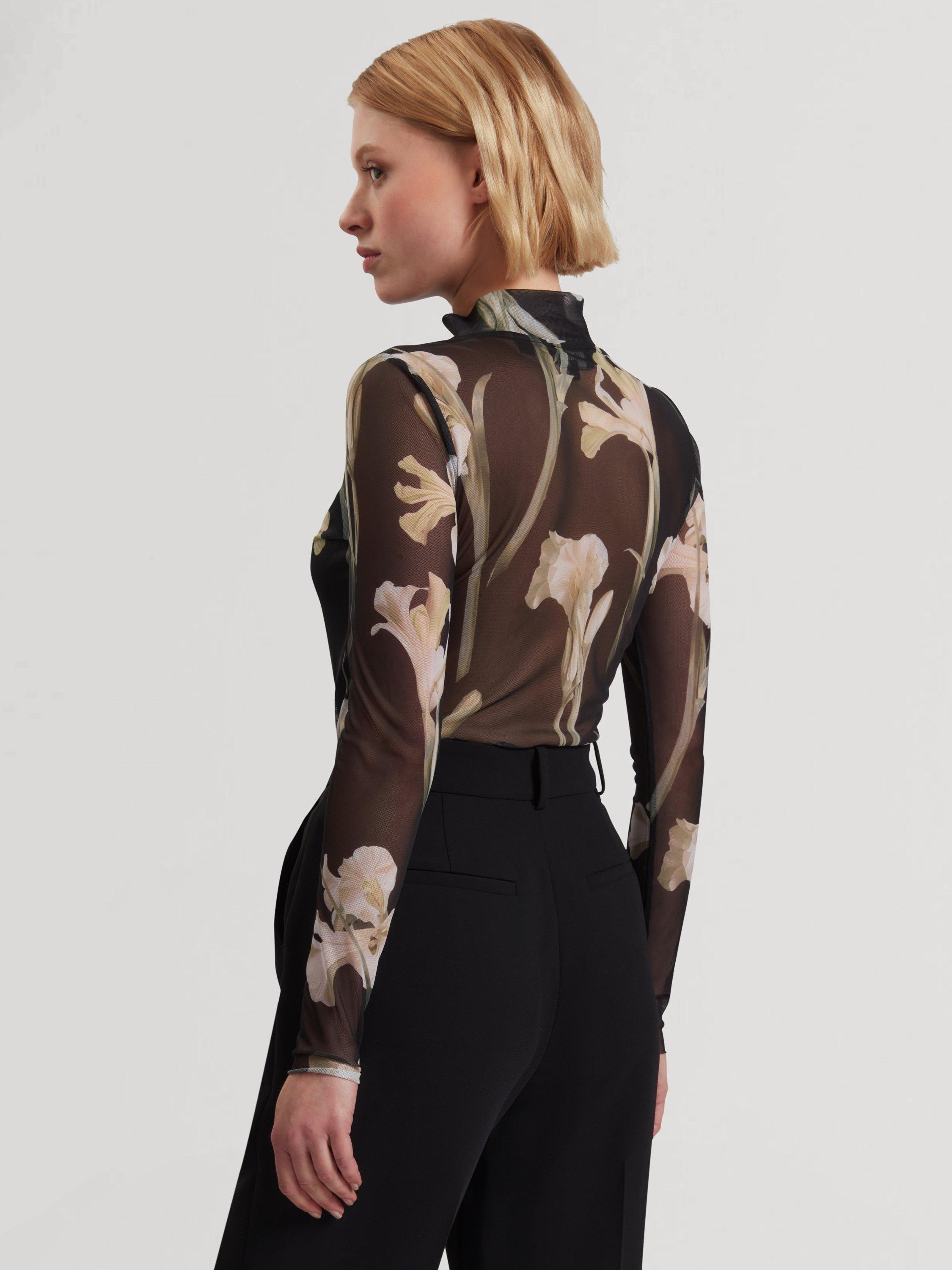 Product image 2 of 6, which shows Ted Baker High Neck Mesh Printed Top, Black/Natural, 6