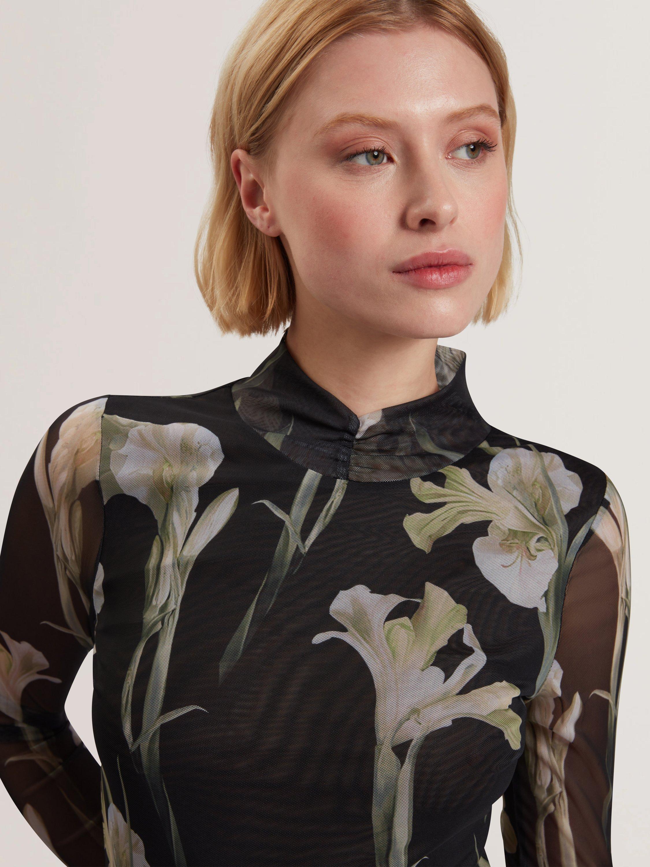Product image 4 of 6, which shows Ted Baker High Neck Mesh Printed Top, Black/Natural, 6
