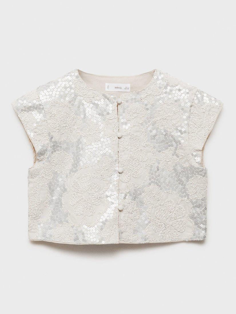 Product image 1 of 4, which shows Mango Kids' Luz Sequin Floral Embroidered Waistcoat, Light Pastel Grey, 11-12 years