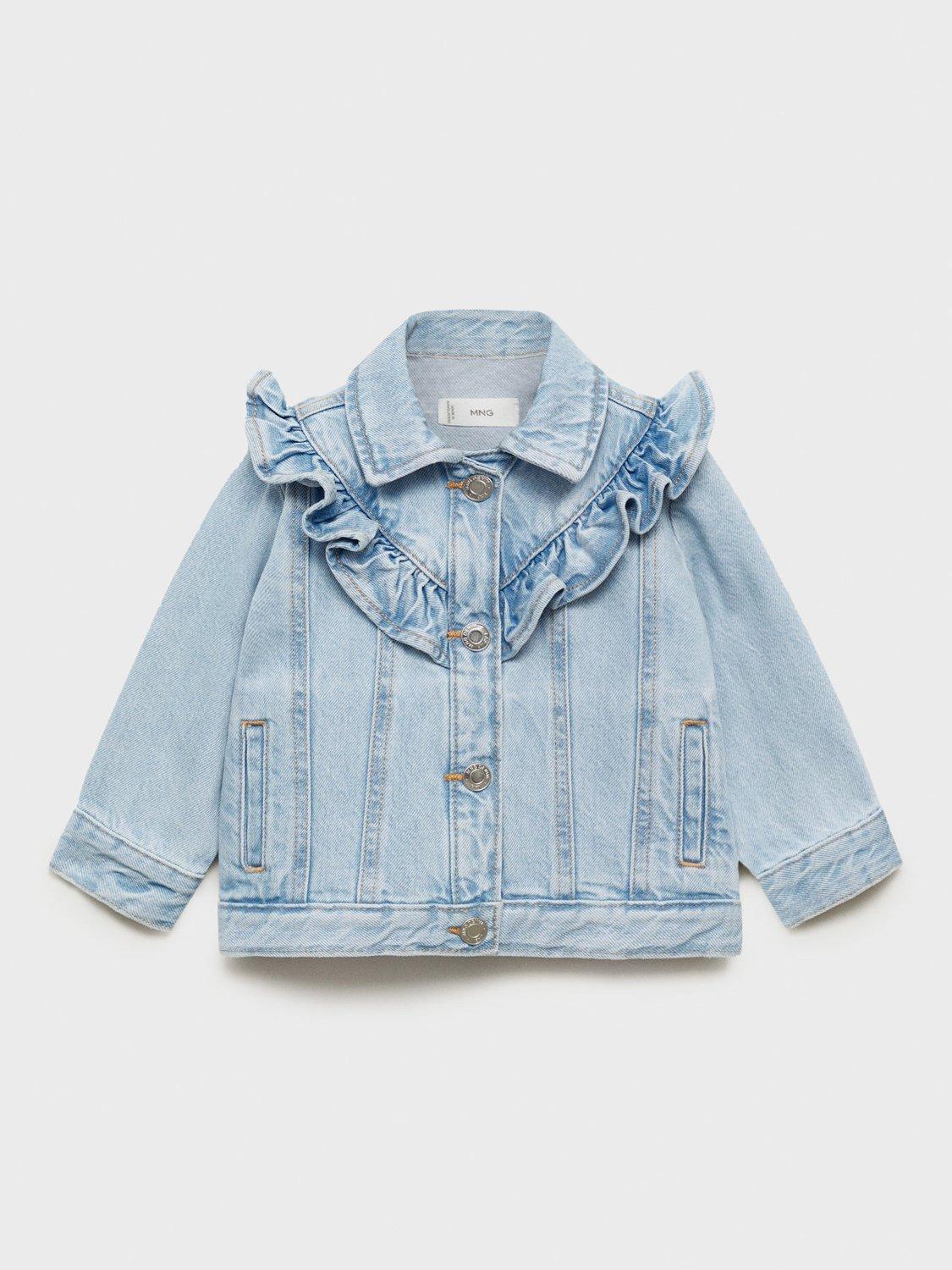 Product image 2 of 7, which shows Mango Kids' Cotton Ruffle Denim Jacket, Blue Sky, 9-12 months