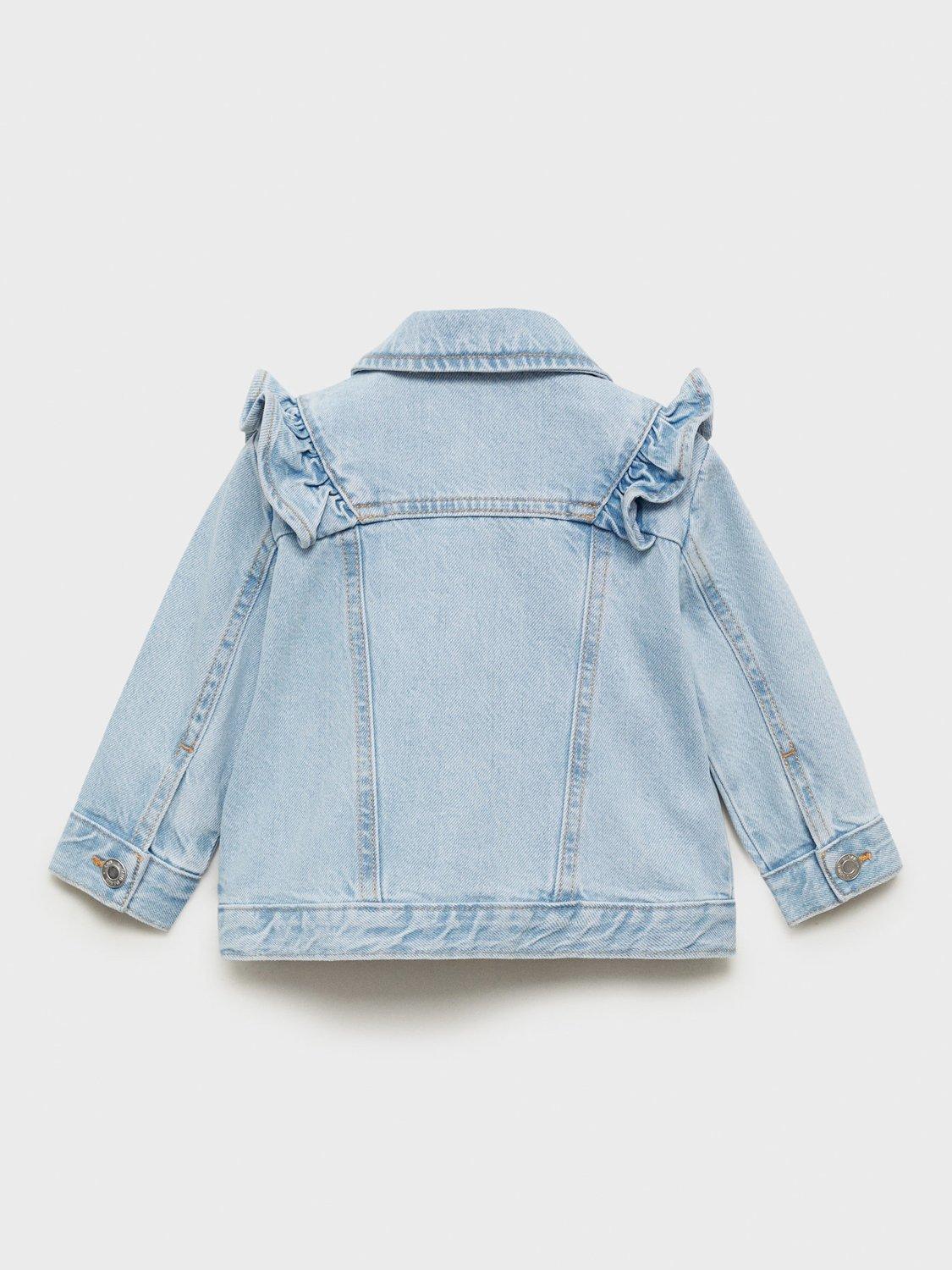 Product image 3 of 7, which shows Mango Kids' Cotton Ruffle Denim Jacket, Blue Sky, 9-12 months