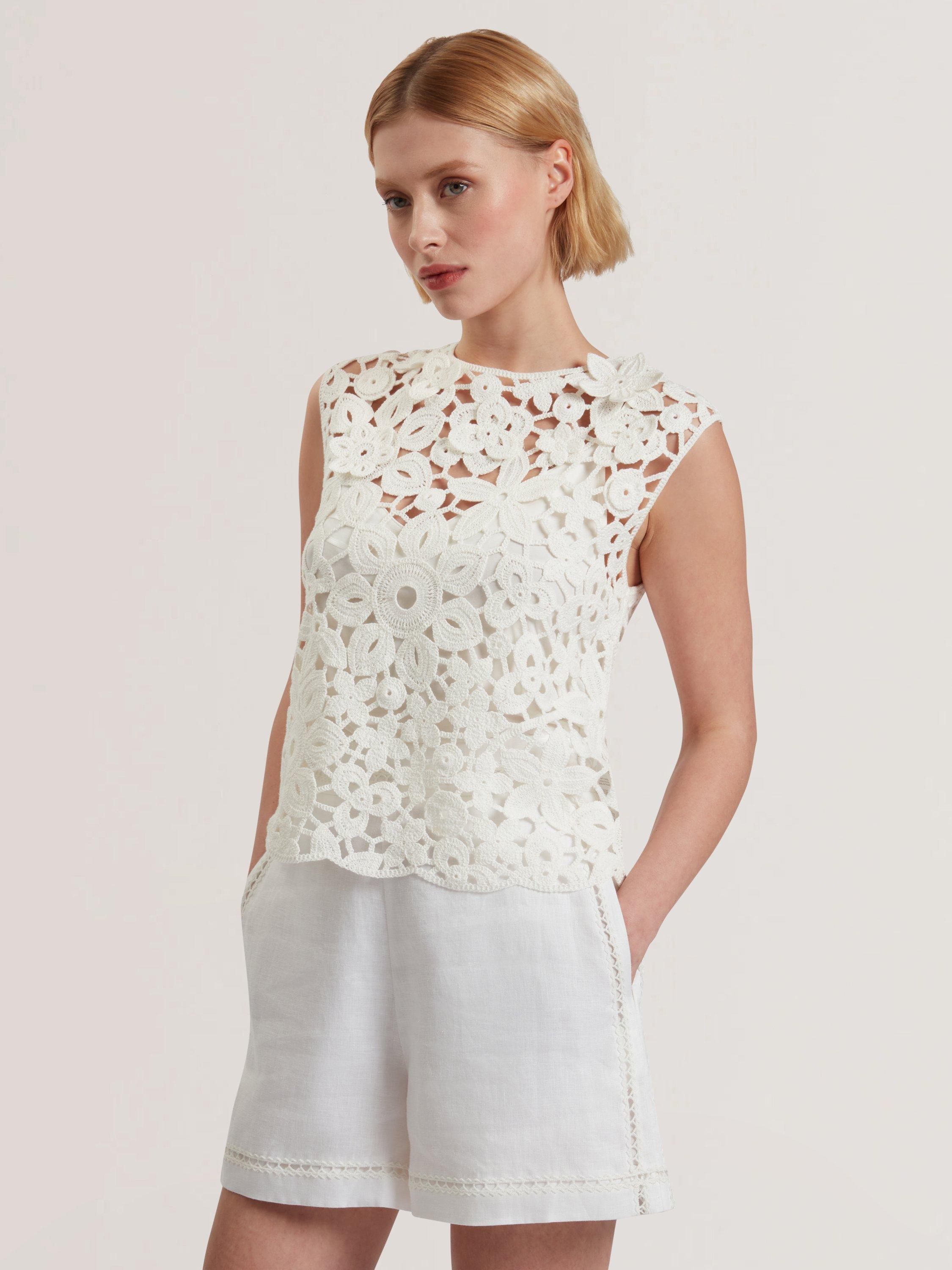 Product image 1 of 6, which shows Ted Baker Joyyra Crochet Knit Top, White, 10
