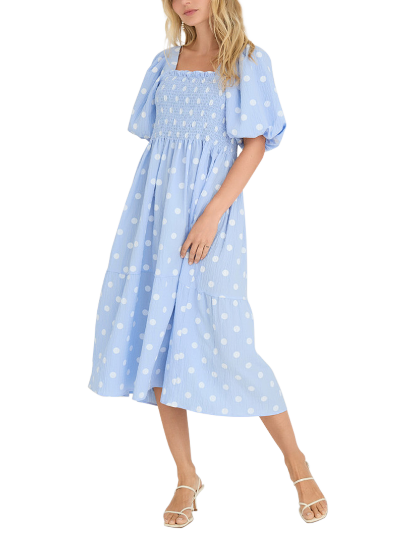 Product image 1 of 6, which shows A-VIEW Cheri Polka Dot Puff Sleeve Midi Dress, Blue/White, 12