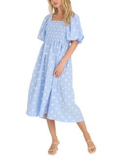 A-VIEW Cheri Polka Dot Puff Sleeve Midi Dress, Blue/White, Blue/White
