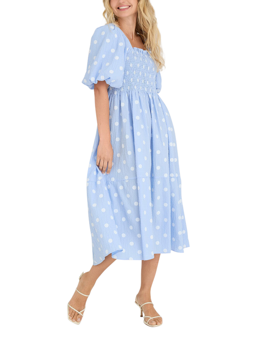 Product image 2 of 6, which shows A-VIEW Cheri Polka Dot Puff Sleeve Midi Dress, Blue/White, 12