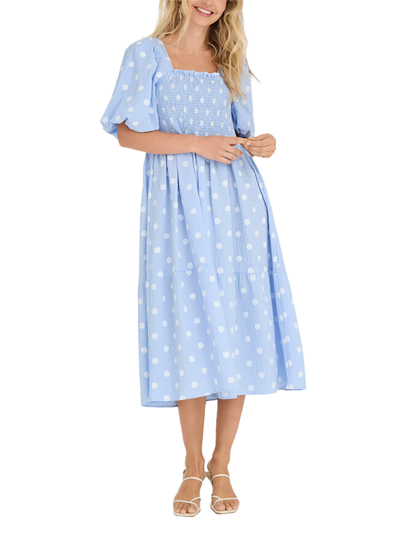 Product image 3 of 6, which shows A-VIEW Cheri Polka Dot Puff Sleeve Midi Dress, Blue/White, 12