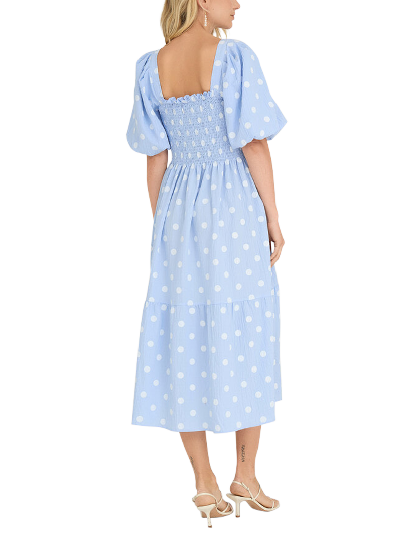 Product image 4 of 6, which shows A-VIEW Cheri Polka Dot Puff Sleeve Midi Dress, Blue/White, 12