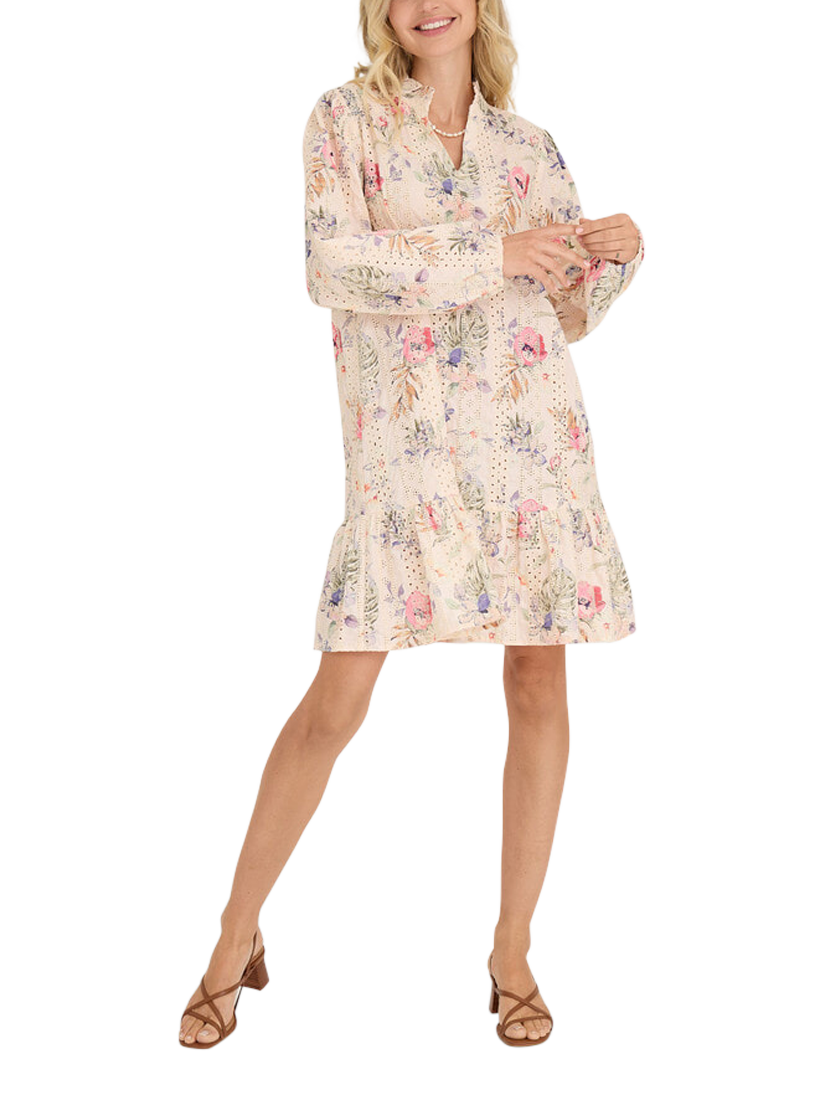 Product image 1 of 6, which shows A-VIEW Grete Floral Embroidered Mini Dress, Sand/Dusty Green, 8