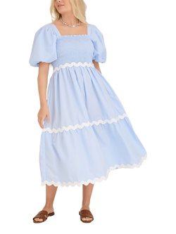 A-VIEW Jonna Scallop Trim Puff Sleeve Midi Dress, Light Blue, Light Blue
