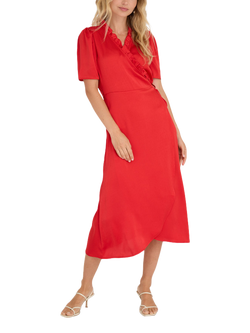 A-VIEW Peony Ruffle Satin Wrap Midi Dress, Red, Red