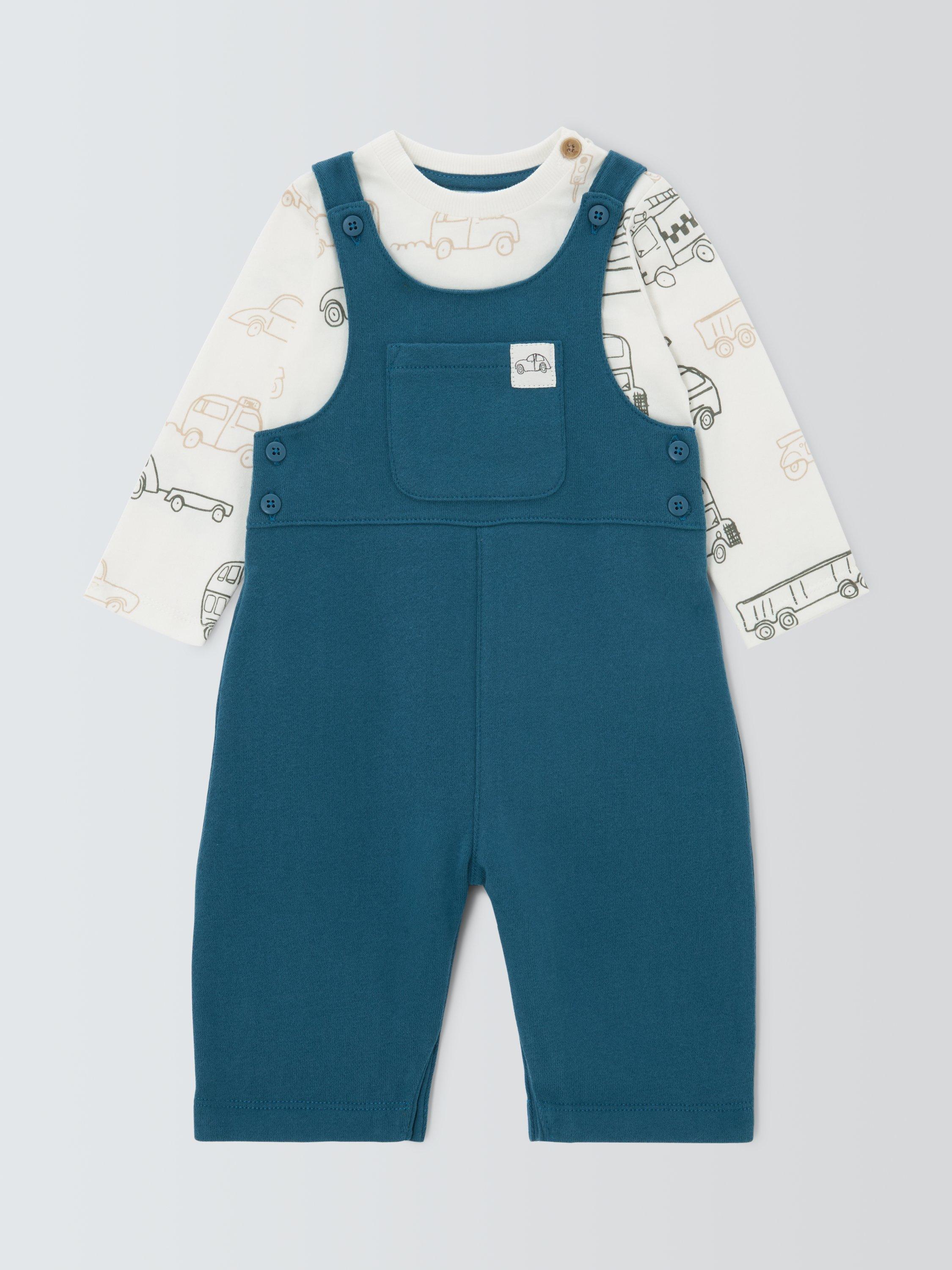 Product image 1 of 3, which shows John Lewis Baby Cotton T-Shirt & Dungarees Set, Blue, 0-3 months